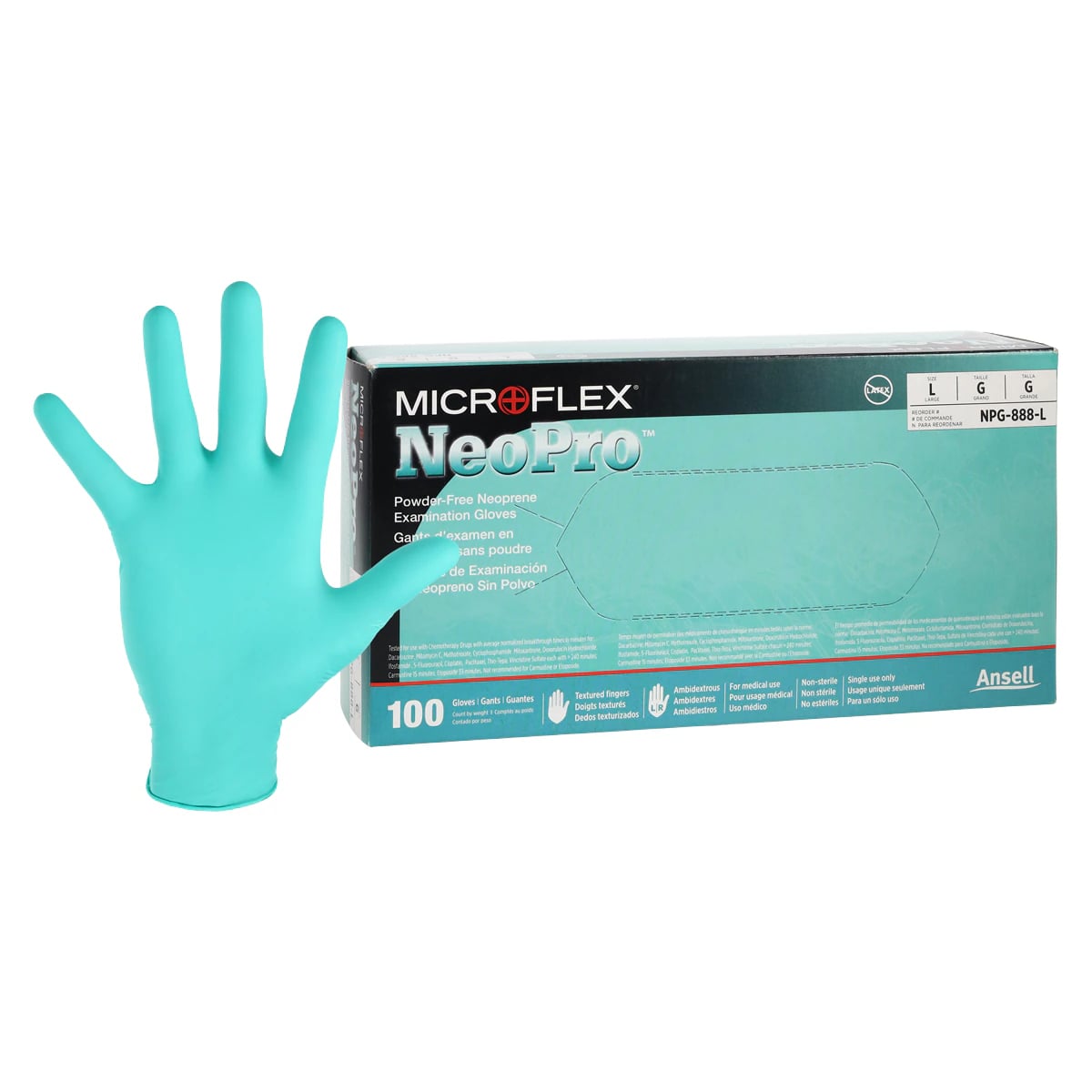 Microflex NeoPro Neoprene Exam Gloves, Powder Free, Latex Free, Green, Large, 100/Box, NPG-888-L