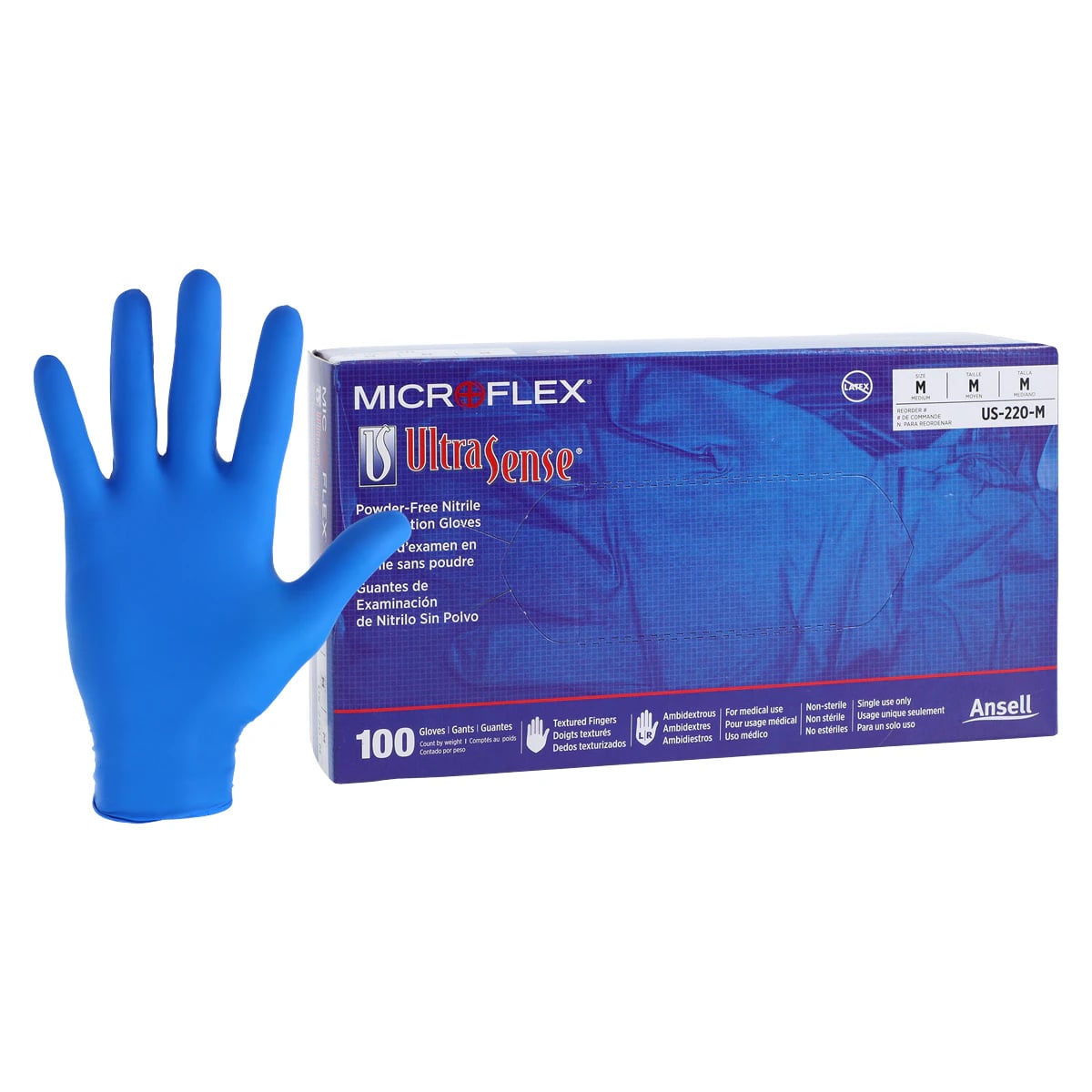 Microflex UltraSense US-220 Nitrile Exam Gloves, Powder-Free, Non-Sterile, Textured Fingers, Blue, Medium, 100/Box