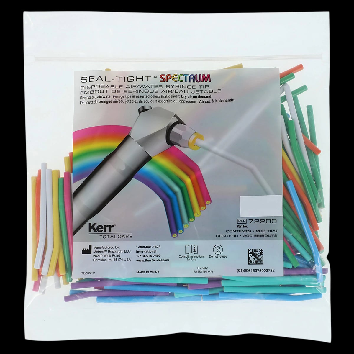 Kerr TotalCare Seal-Tight Spectrum Disposable Air/Water Syringe Tips, Assorted Colors, 200/Bag, 72200