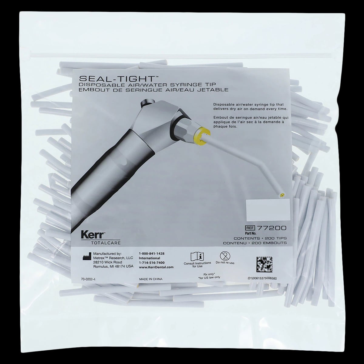 Kerr TotalCare Seal-Tight Disposable Air/Water Syringe Tips, White, Bendable, 200/Bag, Refill 77200