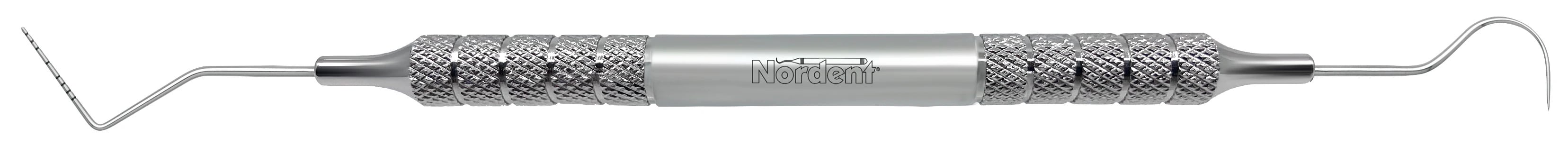 Nordent Color Coded Expro, Double-Ended Explorer/Williams Probe, #23 Shepherd Hook, 1-2-3-5-7-8-9-10 mm Markings, Medium Round Handle, OW/23