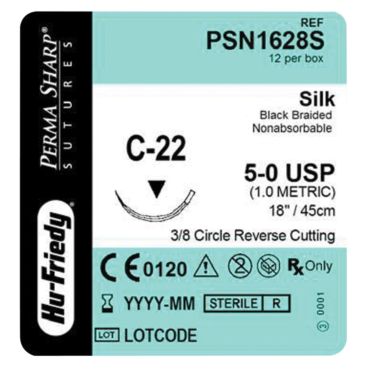 Perma Sharp Non-Absorbable Silk Black Braided Suture, 5-0, C-22 Reverse Cutting 3/8 Circle Needle, 18", 12/Box, PSN1628S