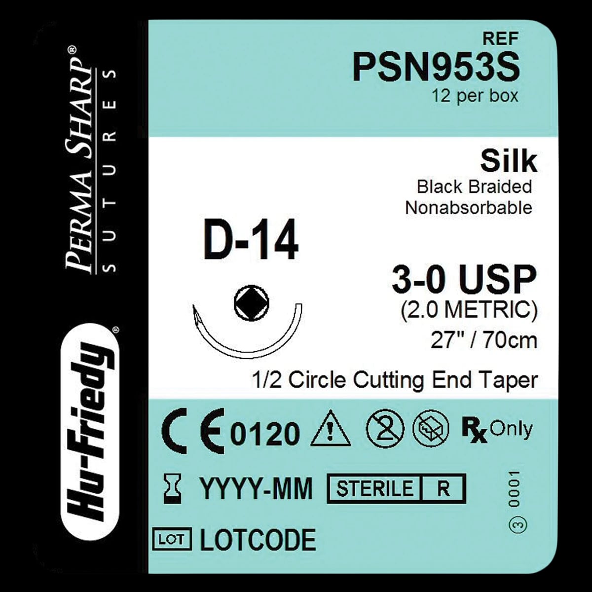 Perma Sharp Non-Absorbable Silk Black Braided Suture, 3-0, D-14 Cutting End Taper 1/2 Circle Needle, 27", 12/Box, PSN953S
