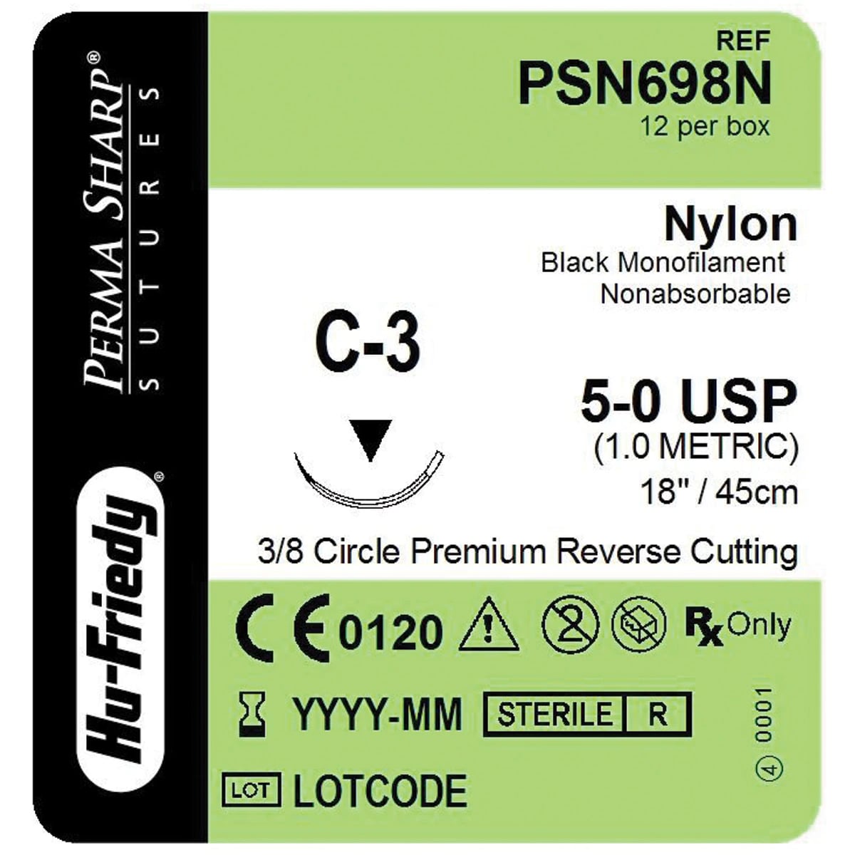Hu-Friedy Perma Sharp Non-Absorbable Black Monofilament Nylon Suture, 5-0, C-3 Premium Reverse Cutting Needle, 3/8 Circle, 18", 12/Box, 789003