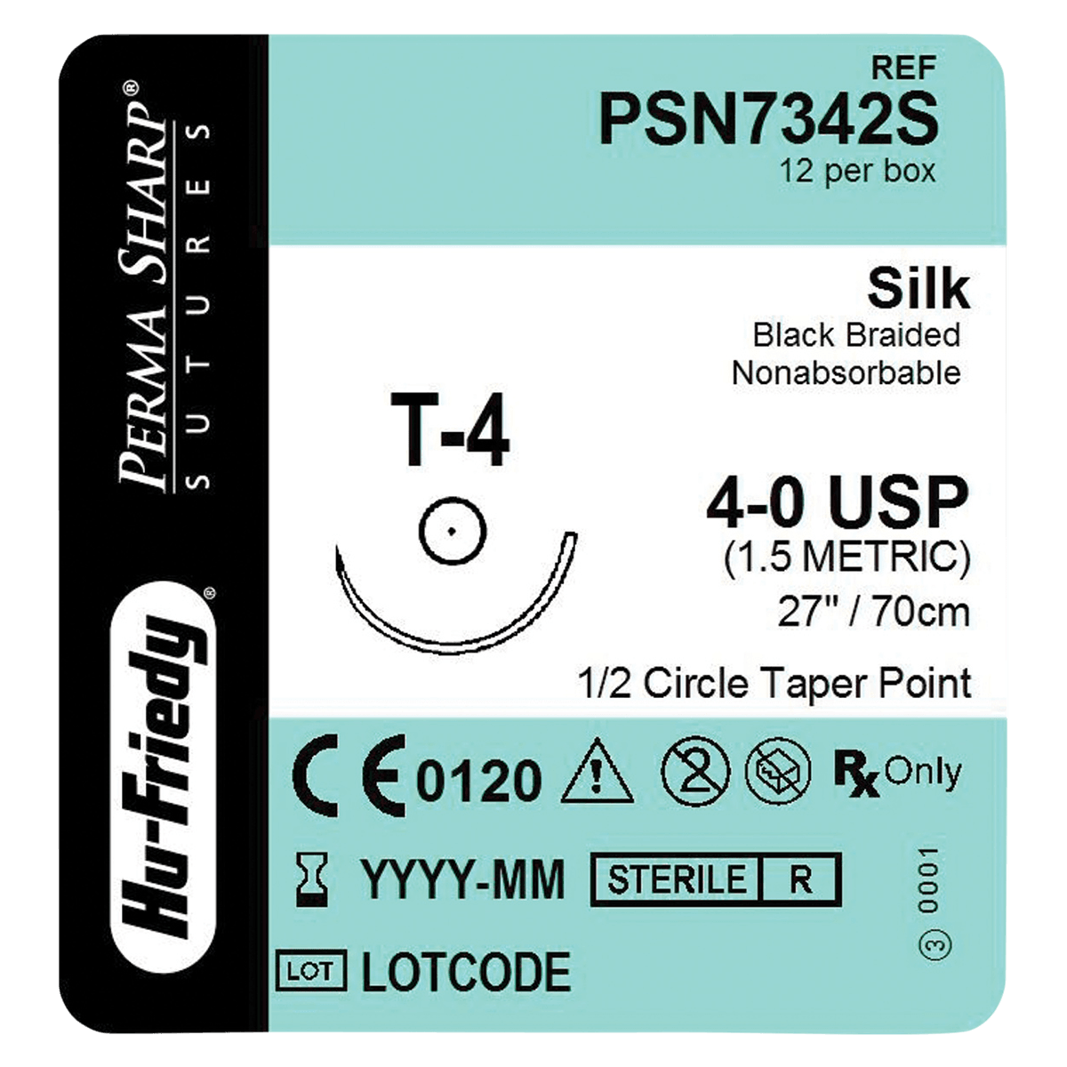 Perma Sharp Non-Absorbable Silk Black Braided Suture, 4-0, 27", T-4 Taper Point 1/2 Circle Needle 22.2mm, 12/Box, PSN7342S