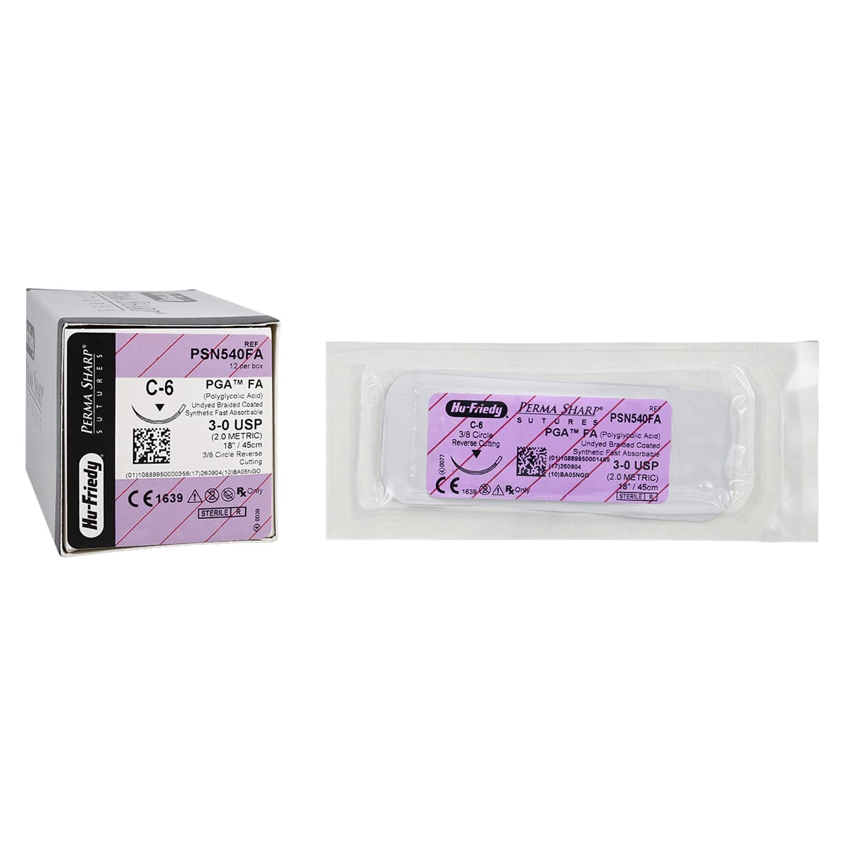 Hu-Friedy Perma Sharp PGA FA Absorbable Suture, 3-0, C-6 Reverse Cutting Needle, 3/8 Circle, 18 in, Undyed, 12/Box, PSN540FA