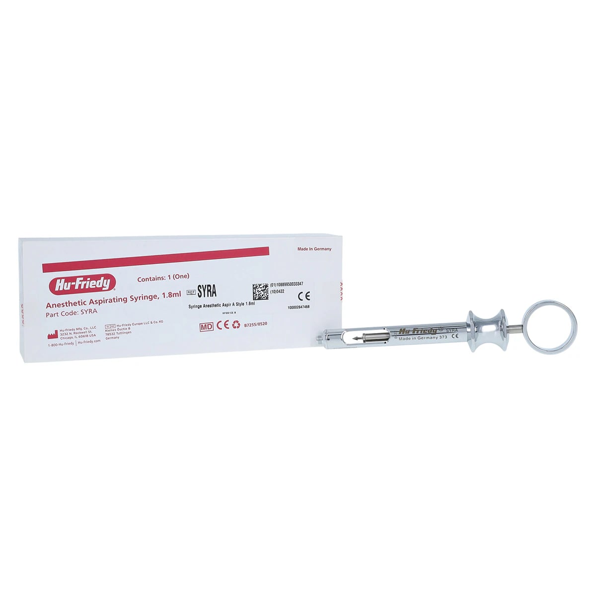Hu-Friedy Type A Aspirating Anesthetic Syringe, Astra Style, 1.8 mL Cartridge, Stainless Steel, 1/Pk, SYRA