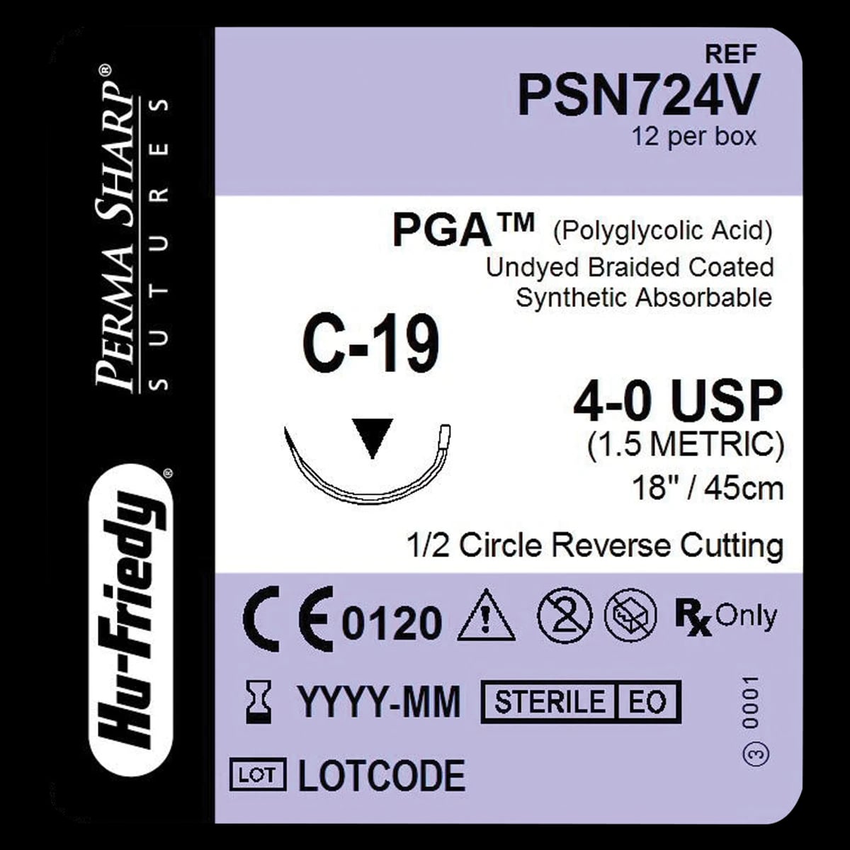 Perma Sharp® Absorbable PGA Undyed Braided Suture, 4-0, C-19 Needle, 1/2 Circle Reverse Cutting, 18", 12/Box, PSN724V
