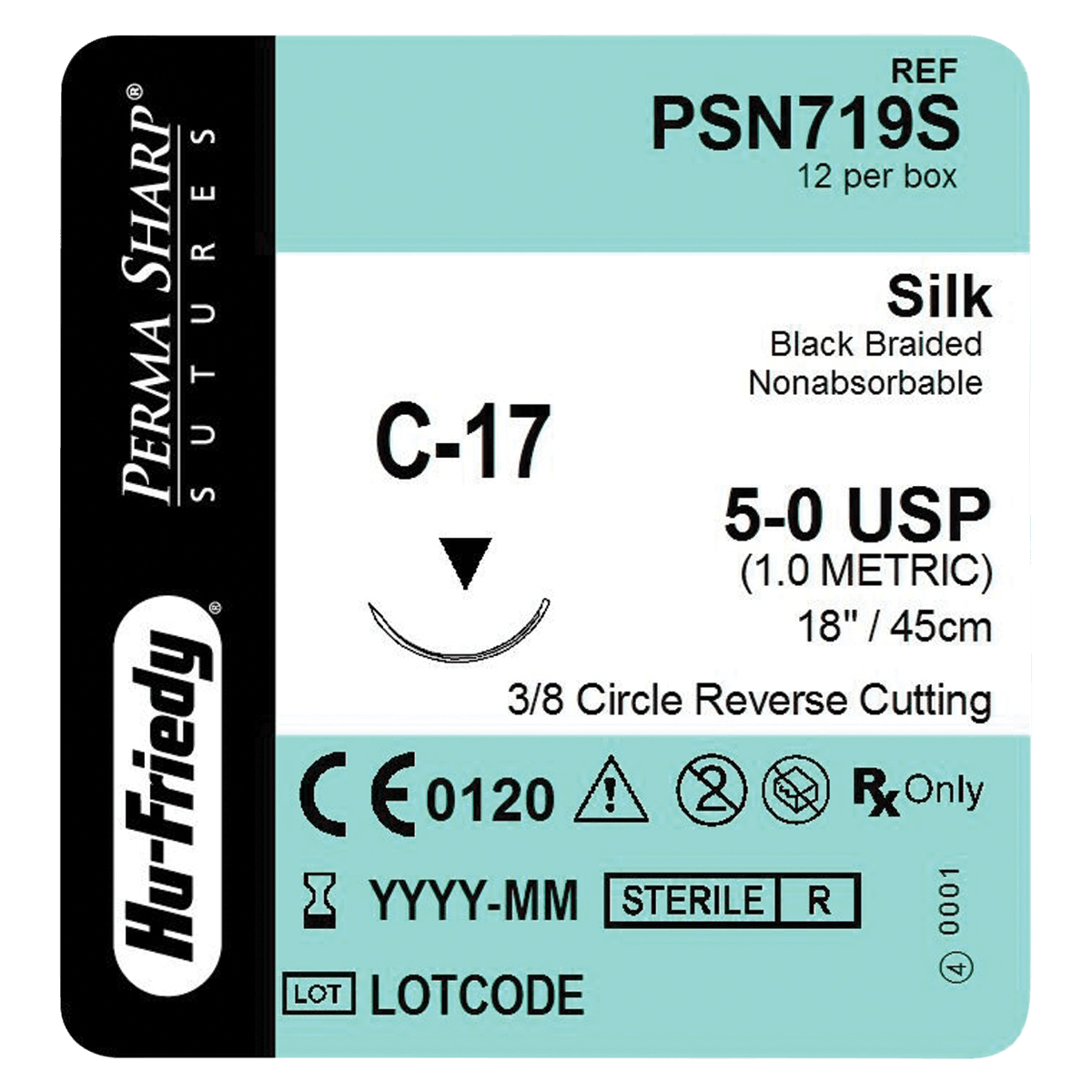 Perma Sharp Non-Absorbable Silk Black Braided Suture, 5-0, C-17 Reverse Cutting 3/8 Circle Needle, 18", 12/Box, PSN719S