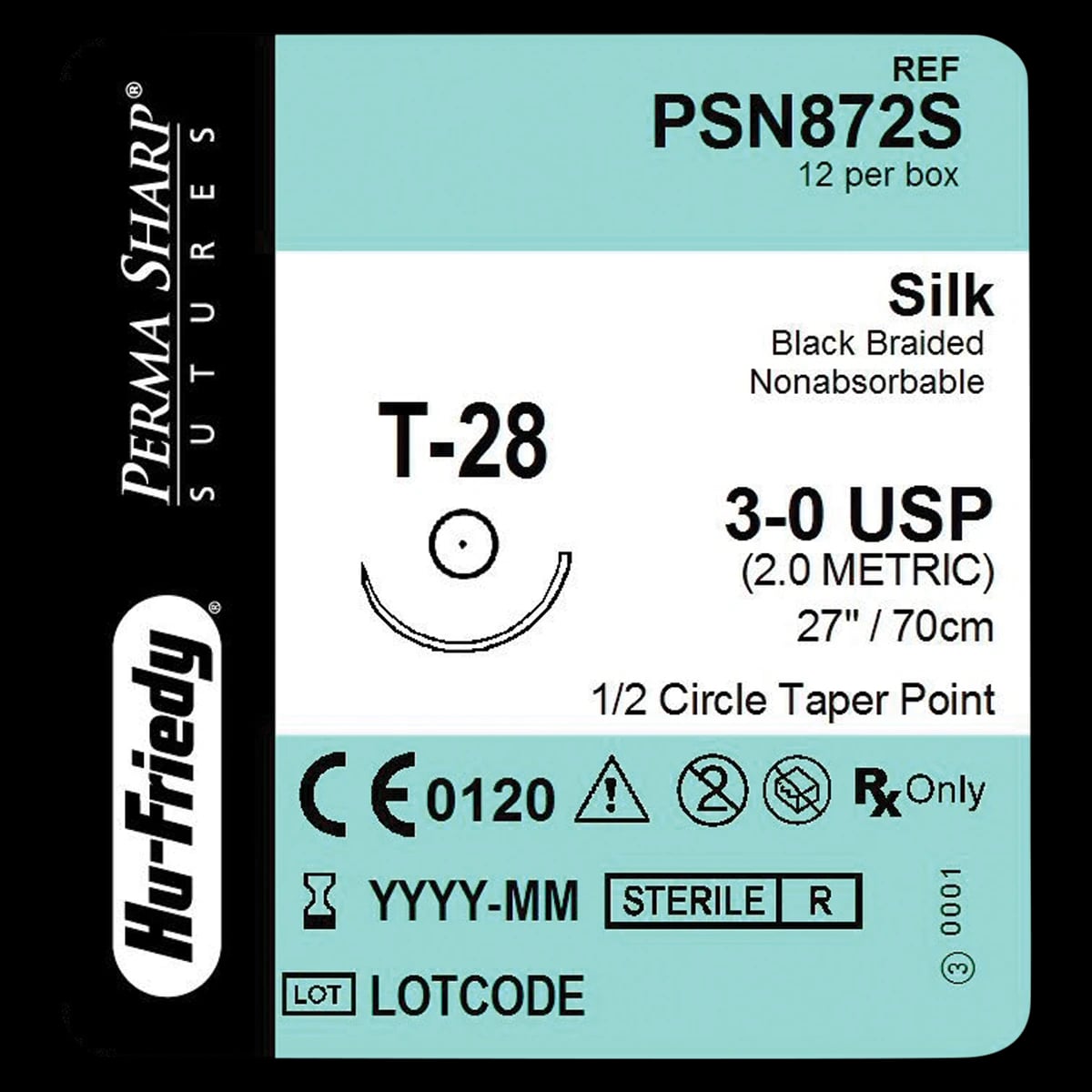 Perma Sharp® Non-Absorbable Silk Black Braided Suture, 3-0, 27", T-28 Taper Point 1/2 Circle Needle, 12/Box, PSN872S
