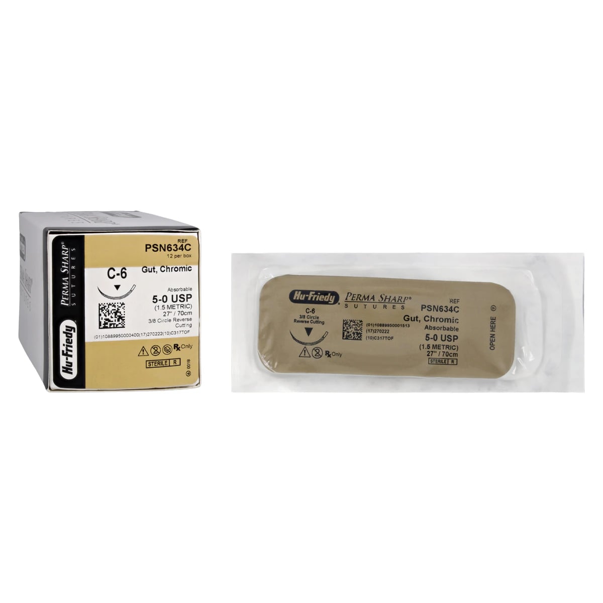 Hu-Friedy Perma Sharp Chromic Gut Suture, 5-0, C-6 Reverse Cutting 3/8 Circle Needle, 27", Absorbable, 12/Box, PSN634C
