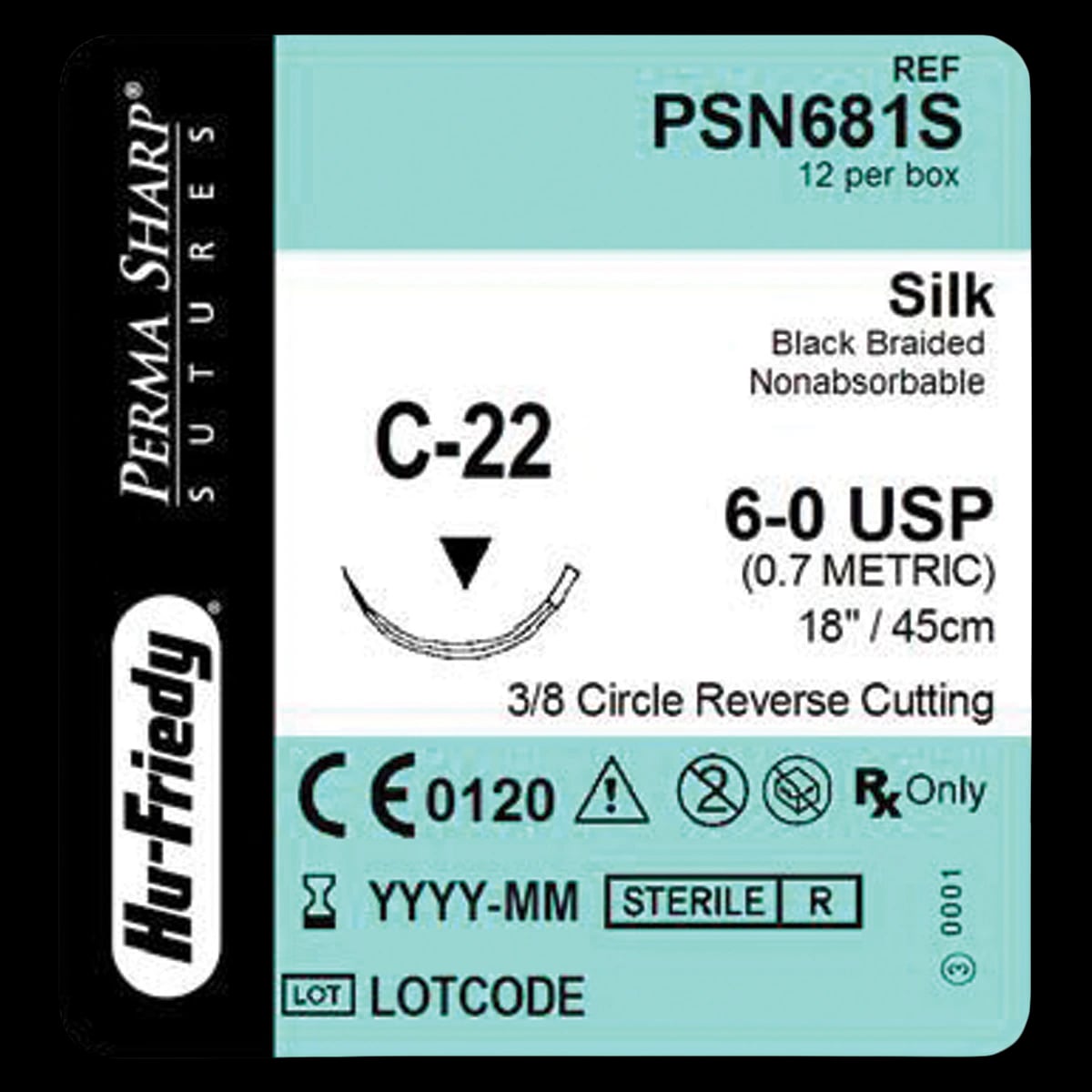 Perma Sharp Non-Absorbable Silk Black Braided Suture, 6-0, 18", C-22 Reverse Cutting 3/8 Circle Needle, 12/Box, PSN681S