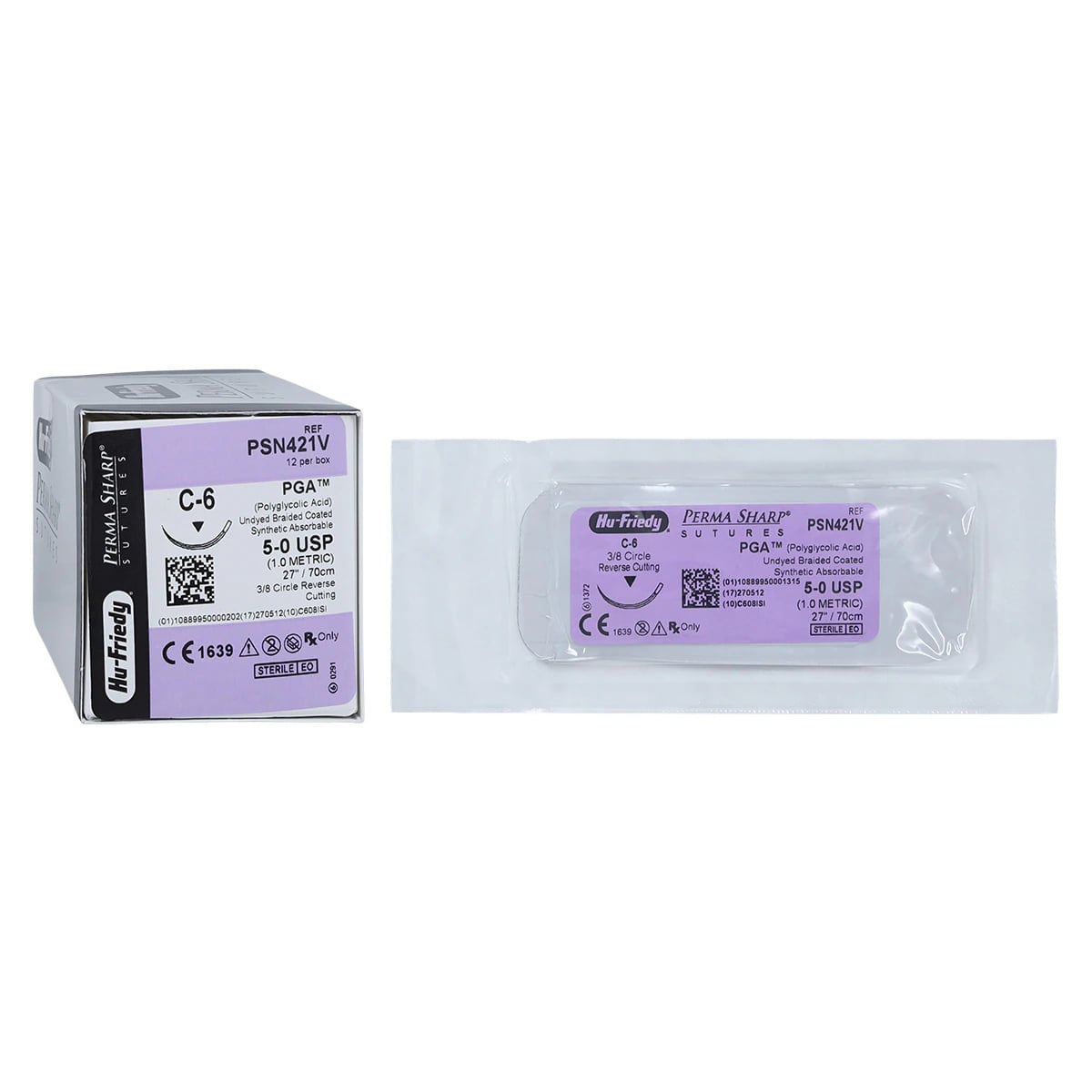 Hu-Friedy Perma Sharp PGA Absorbable Suture, 5-0, Undyed Braided, C-6 Reverse Cutting 3/8 Circle Needle, 27", 12/Box, PSN421V