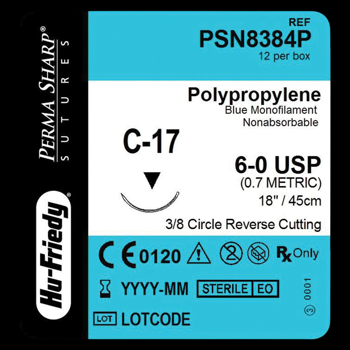 Hu-Friedy Perma Sharp Suture, Polypropylene, Non-Absorbable, 6-0, 18", C-17 Reverse Cutting 3/8 Circle Needle, Blue, 12/Box, PSN8384P
