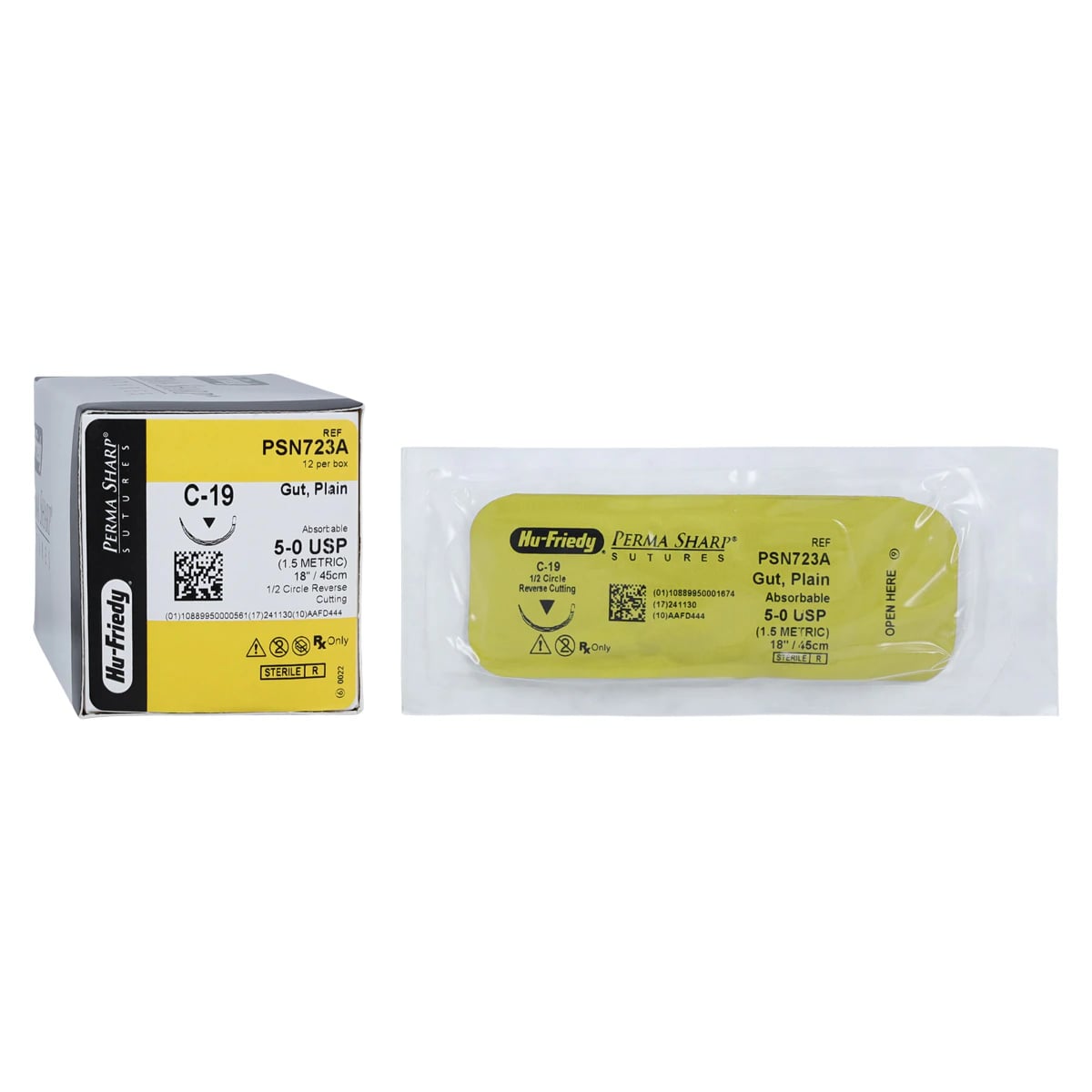 Hu-Friedy Perma Sharp Plain Gut Absorbable Suture, 5-0, C-19 Reverse Cutting 1/2 Circle Needle, 18 in, Undyed, 12/Box