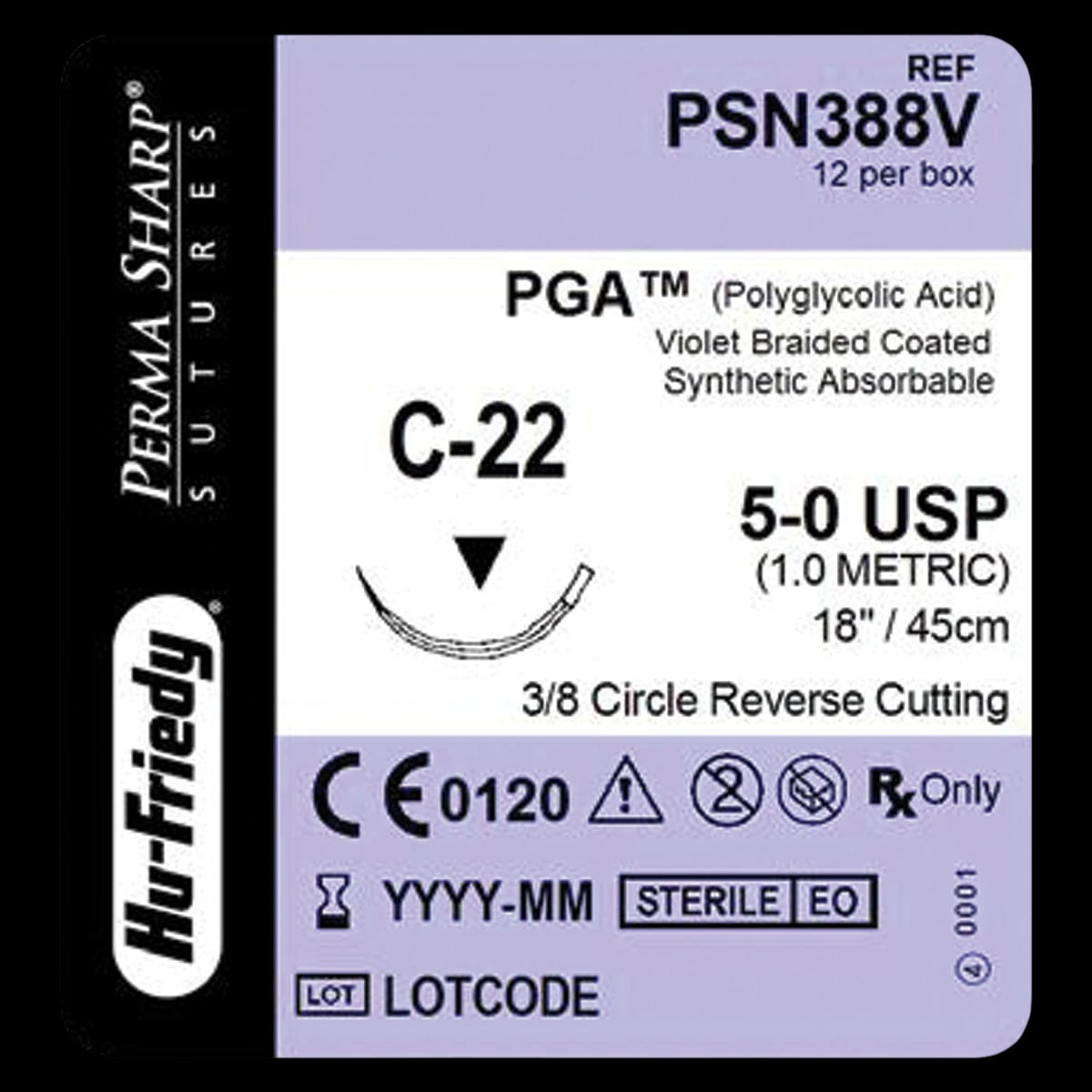 Hu-Friedy Perma Sharp Absorbable Suture, 5-0 PGA, Violet, Braided, C-22 Reverse Cutting Needle, 3/8 Circle, 18", 12/Box, 453277