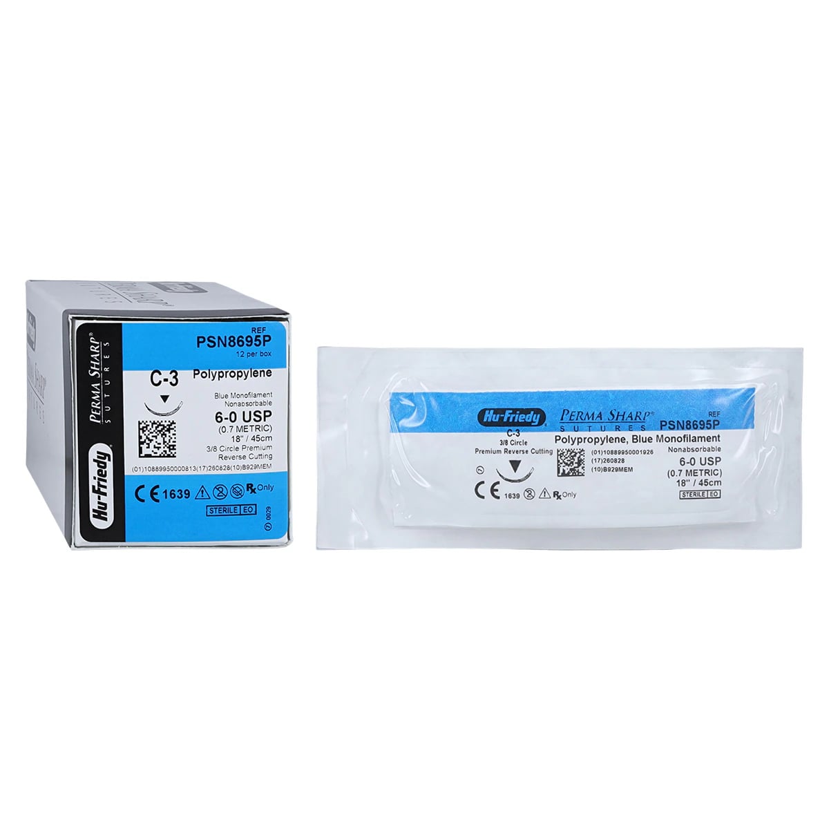 Hu-Friedy Perma Sharp Non-Absorbable Polypropylene Suture, 6-0, C-3 Needle, 3/8 Circle Premium Reverse Cutting, 18", Blue, 12/Box, PSN8695P