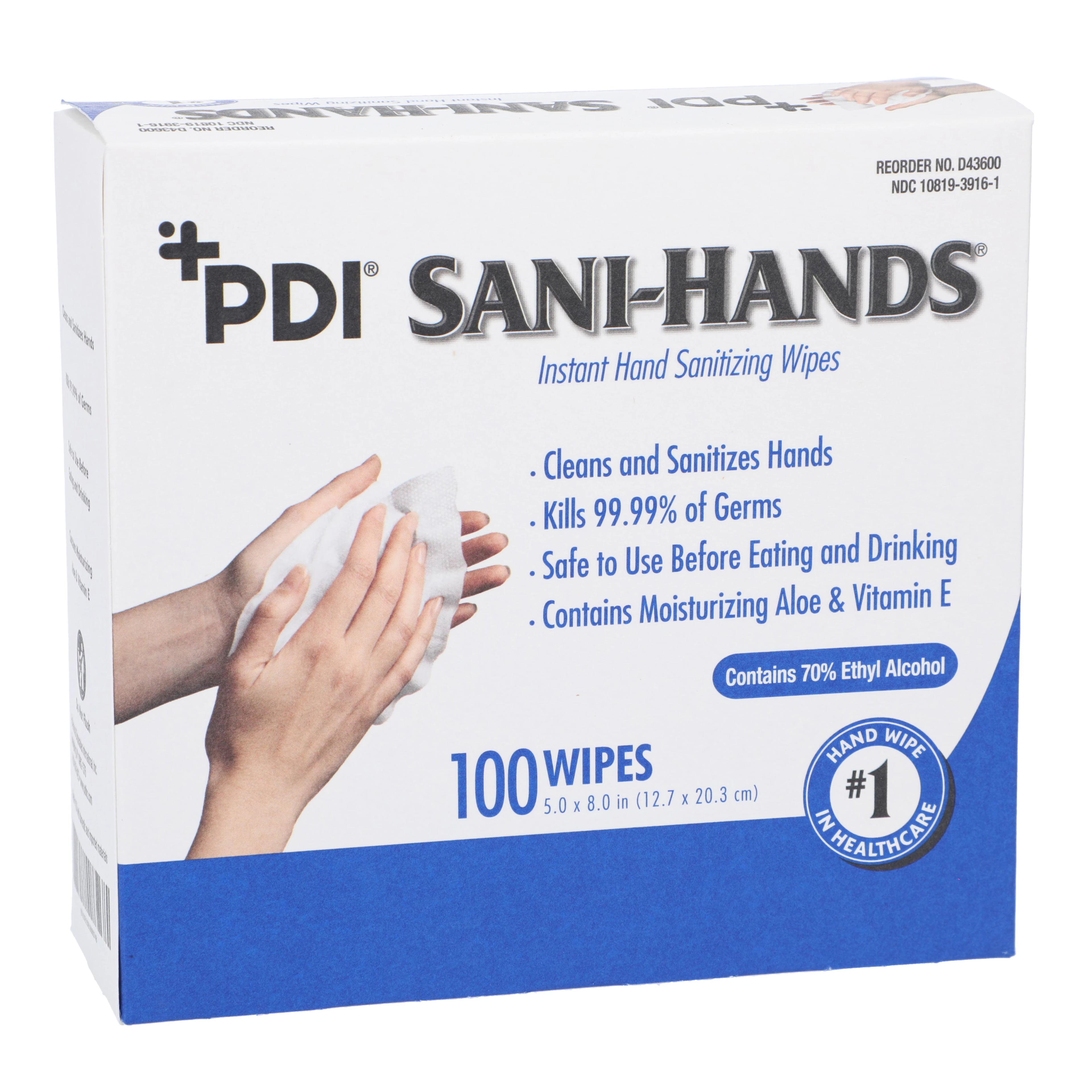 Sani-Hands ALC Instant Hand Sanitizing Wipes, 70% Ethyl Alcohol, Individually Wrapped, 5" x 8", 100/Box, D43600