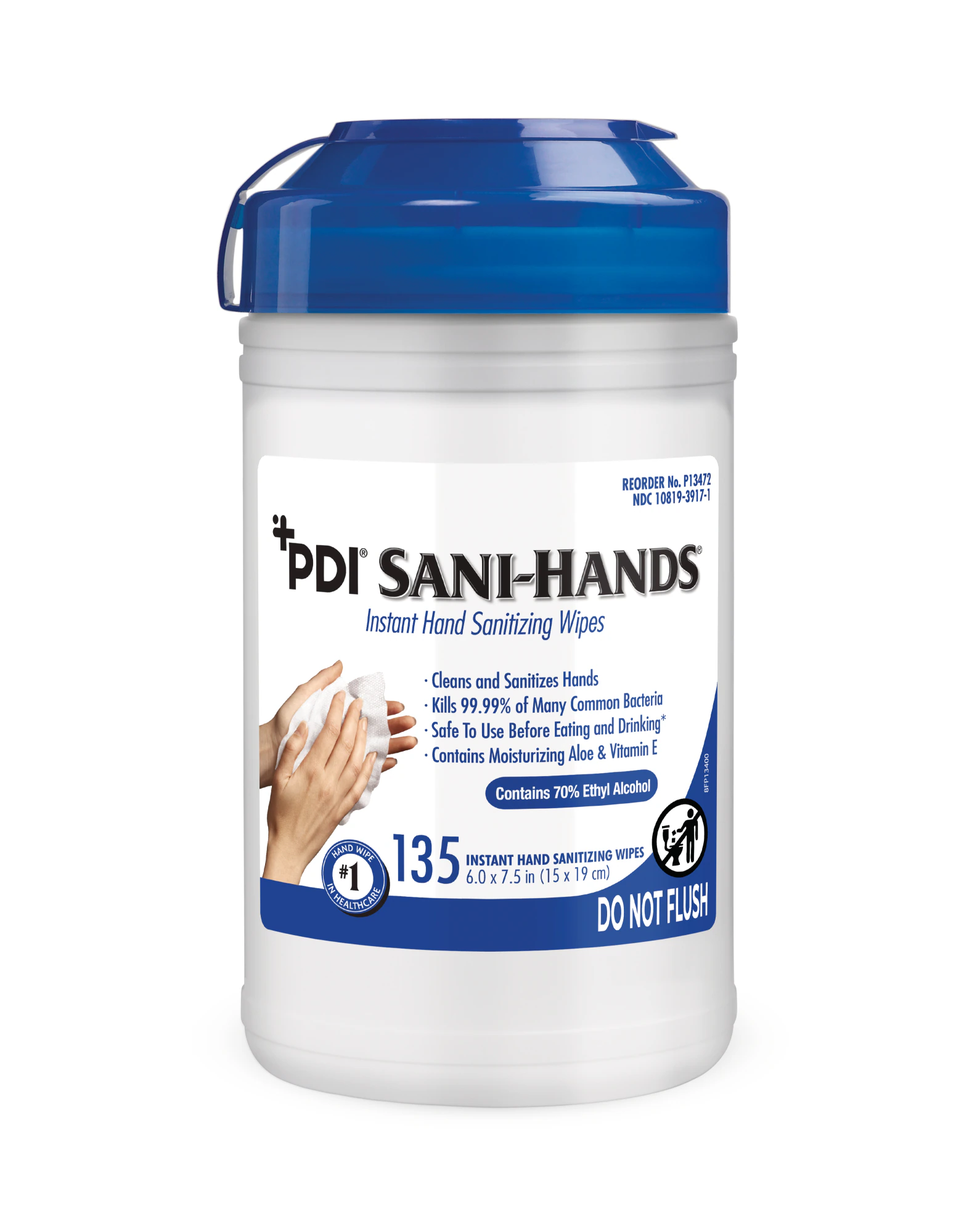 Sani-Hands ALC Instant Hand Sanitizing Wipes, 70% Ethyl Alcohol, 6" x 7.5", 135 Wipes/Canister, P13472