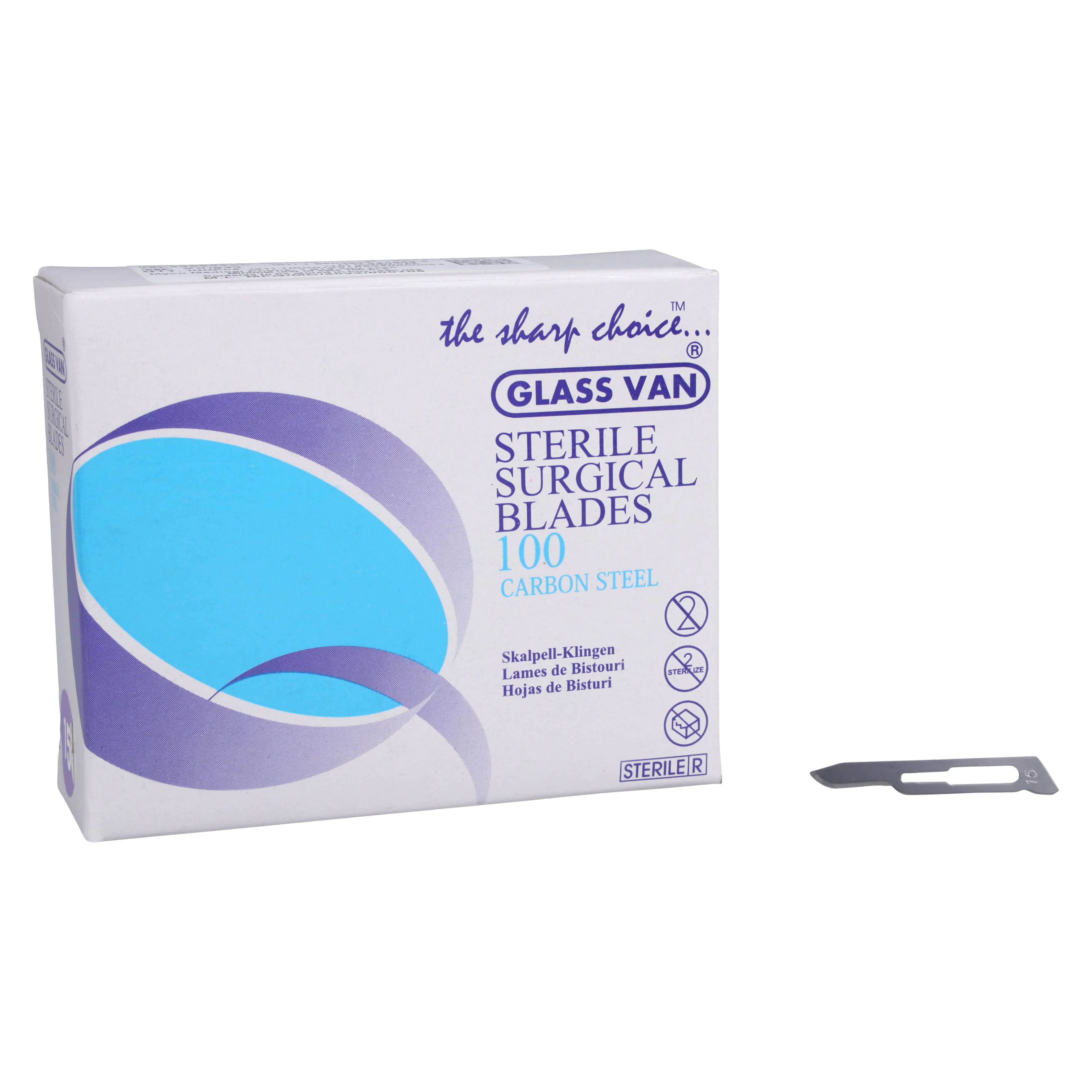 GlassVan #15 Sterile Carbon Steel Surgical Blades, Individually Foil-Wrapped, 100/Box, 2001T-15