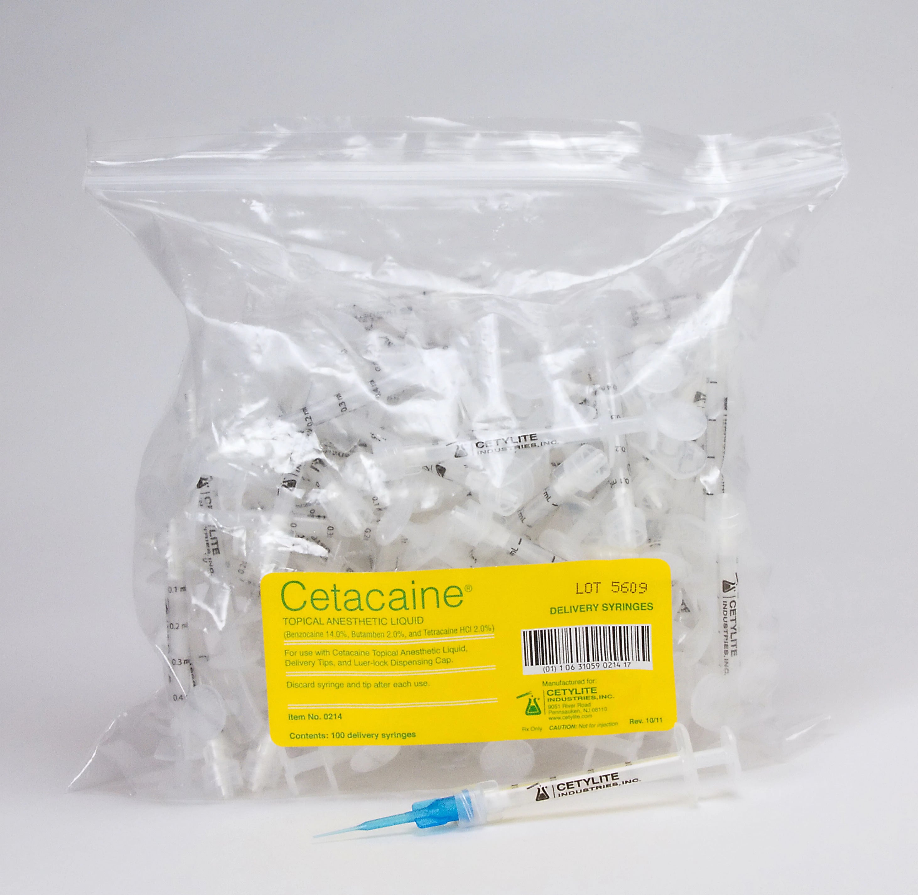 Cetacaine Topical Anesthetic Liquid Delivery Syringes, Luer Lock, Graduated 0.1 mL, 100/Pkg, 0214