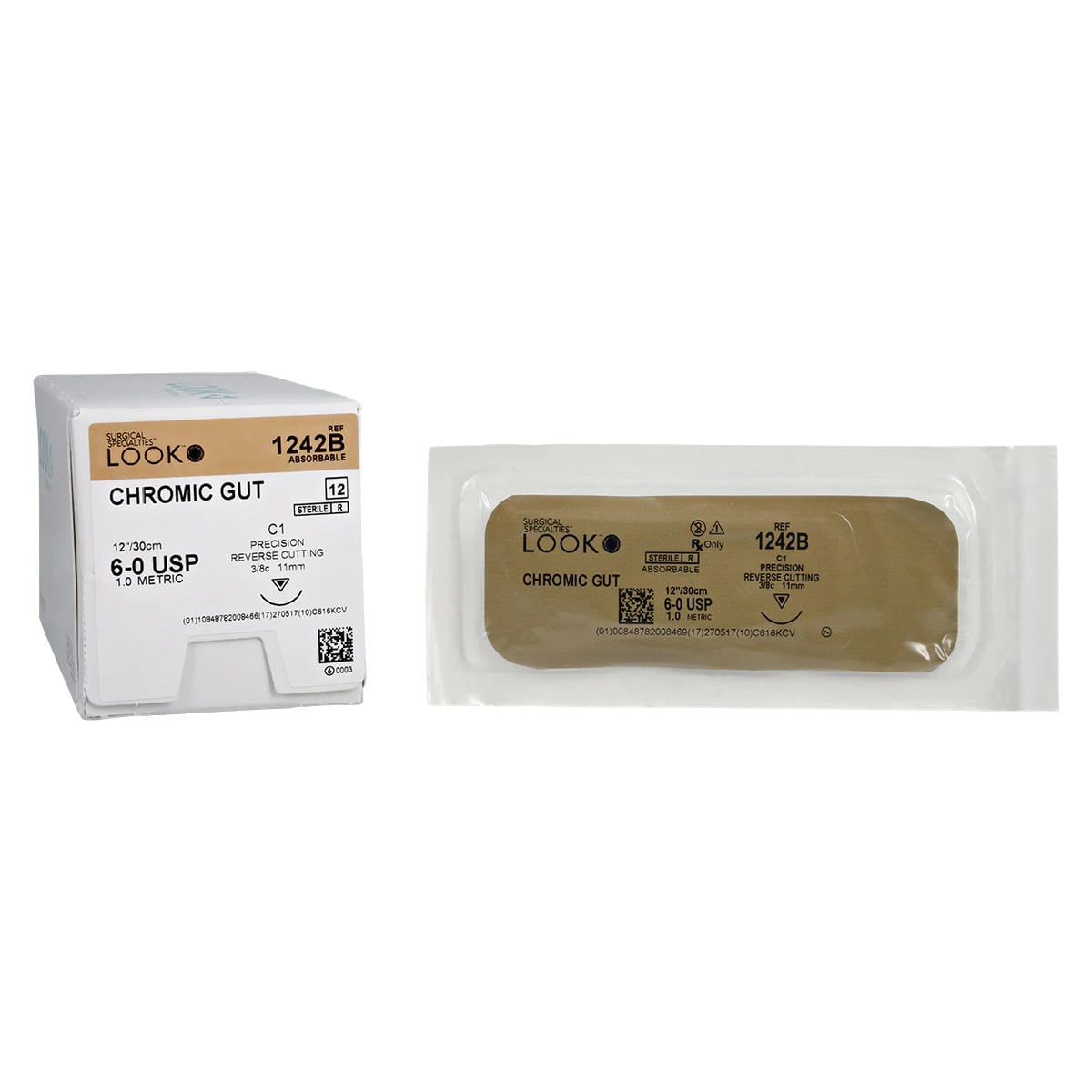 Look Chromic Gut Absorbable Suture, 6-0, 12 in (30 cm), C-1 Precision Reverse Cutting Needle, 11 mm, 3/8 Circle, Undyed, 12/Box, 1242B