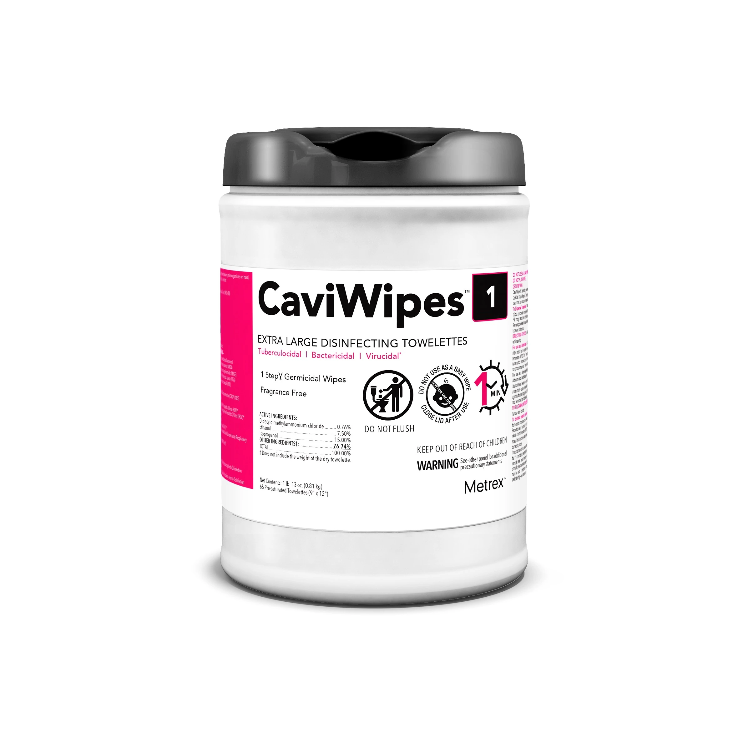 CaviWipes1 Disinfectant Wipes, Extra Large, 9" x 12", 65 Wipes/Canister, Fragrance-Free, 13-1100