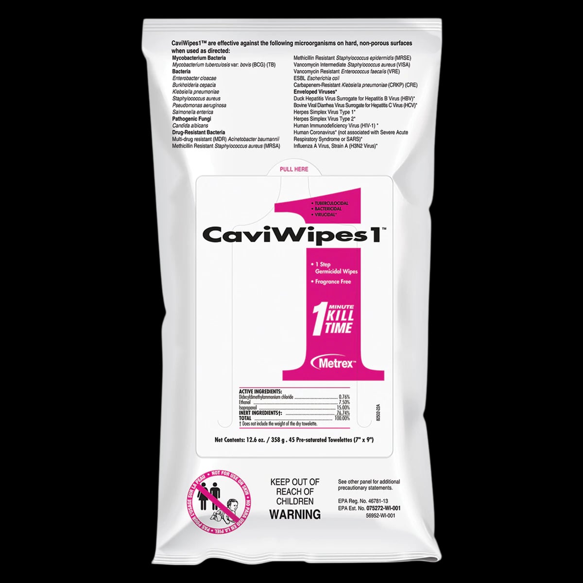 CaviWipes1 Disinfecting Towelettes, Flat Pack, 7" x 9", 45/Pk, Metrex