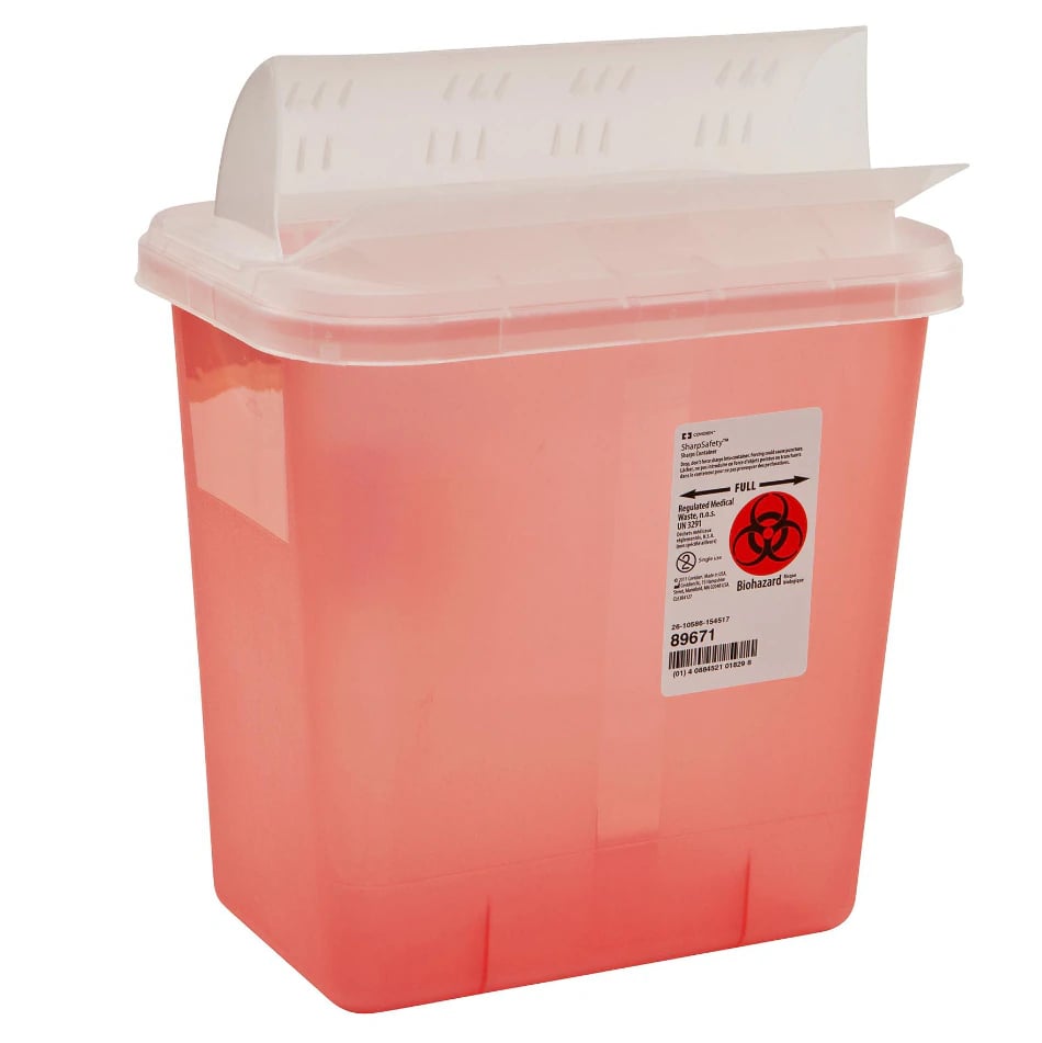 SharpSafety Sharps Container with Horizontal Drop Lid, Transparent Red, 2 Gallon, 89671