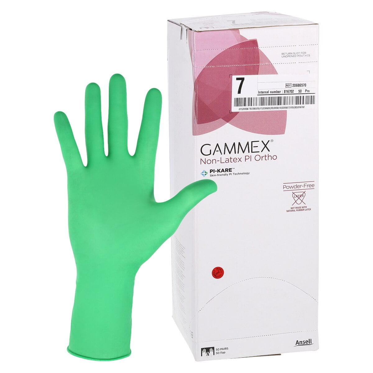 GAMMEX Non-Latex PI Ortho Polyisoprene Surgical Orthopaedic Gloves, Sterile, Powder-Free, Size 7, 50 Pairs/Box, 20686570
