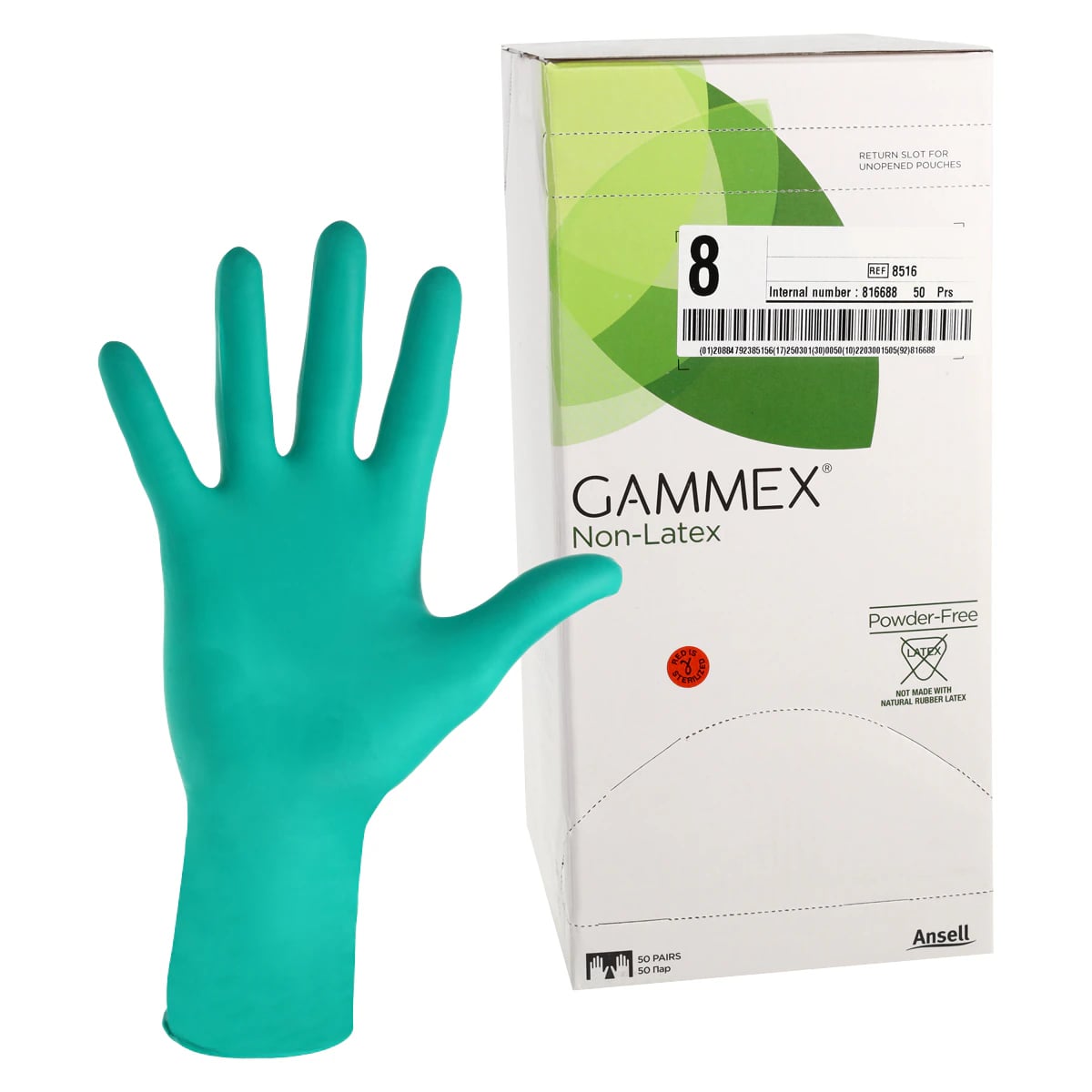 Gammex Non-Latex Neoprene Sterile Powder-Free Surgical Gloves, Size 8.0, Green, 50 Pairs/Box, 8516