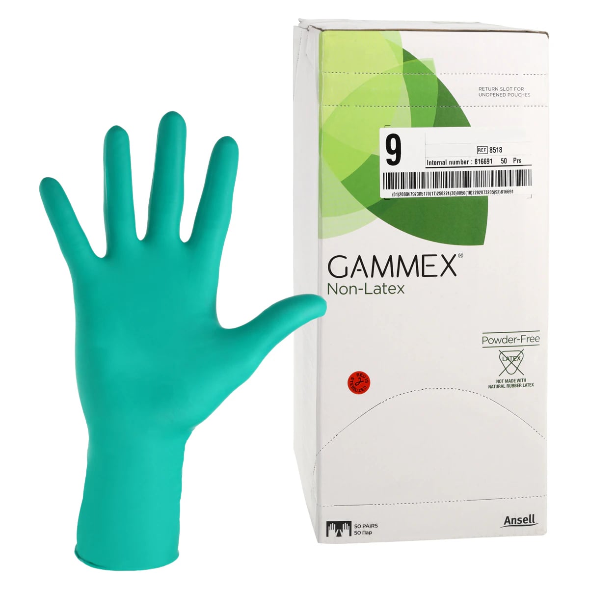 GAMMEX Non-Latex Neoprene Surgical Gloves, Sterile, Powder-Free, Dark Green, Size 9, 50 Pairs/Box, 8518