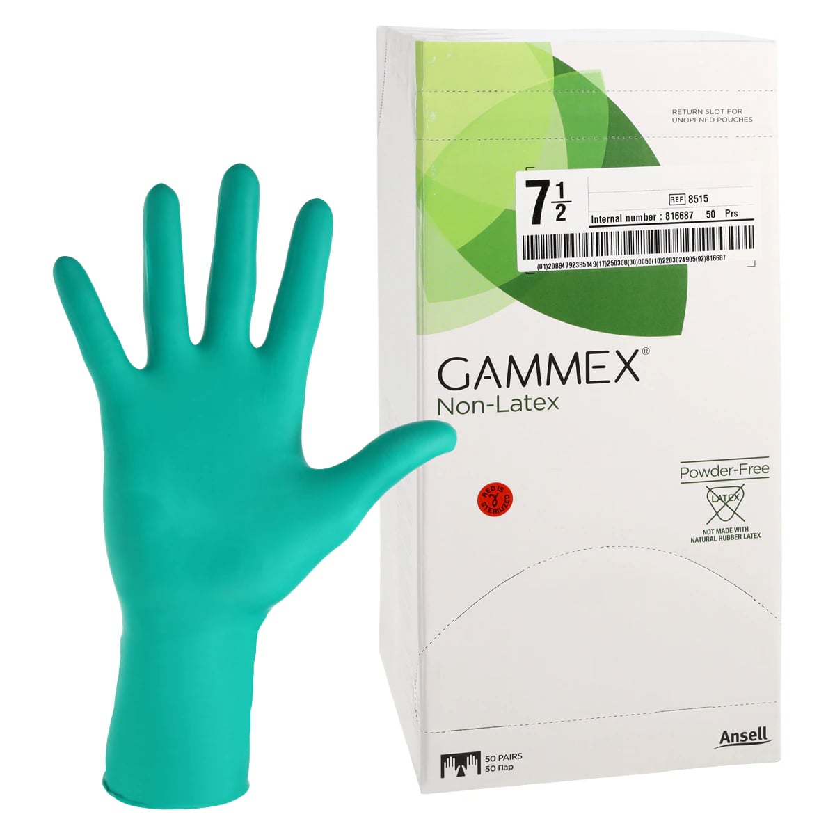 GAMMEX Non-Latex Neoprene Surgical Gloves, Sterile, Powder-Free, Dark Green, Size 7.5, 50 Pairs/Box, 8515
