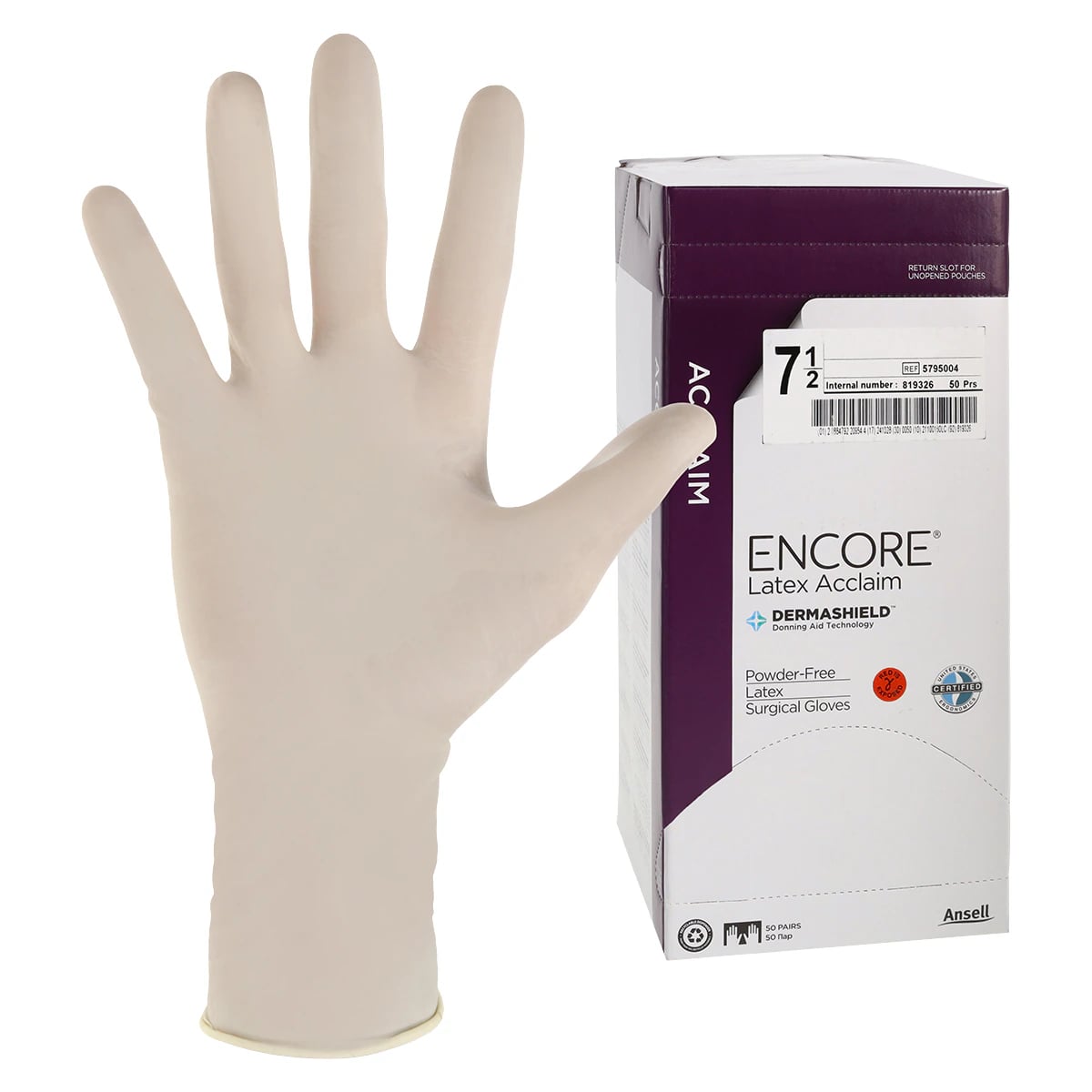 Ansell Encore Acclaim Powder-Free Latex Surgical Gloves, Sterile, Size 7.5, Natural, 50 Pairs/Box, 5795004