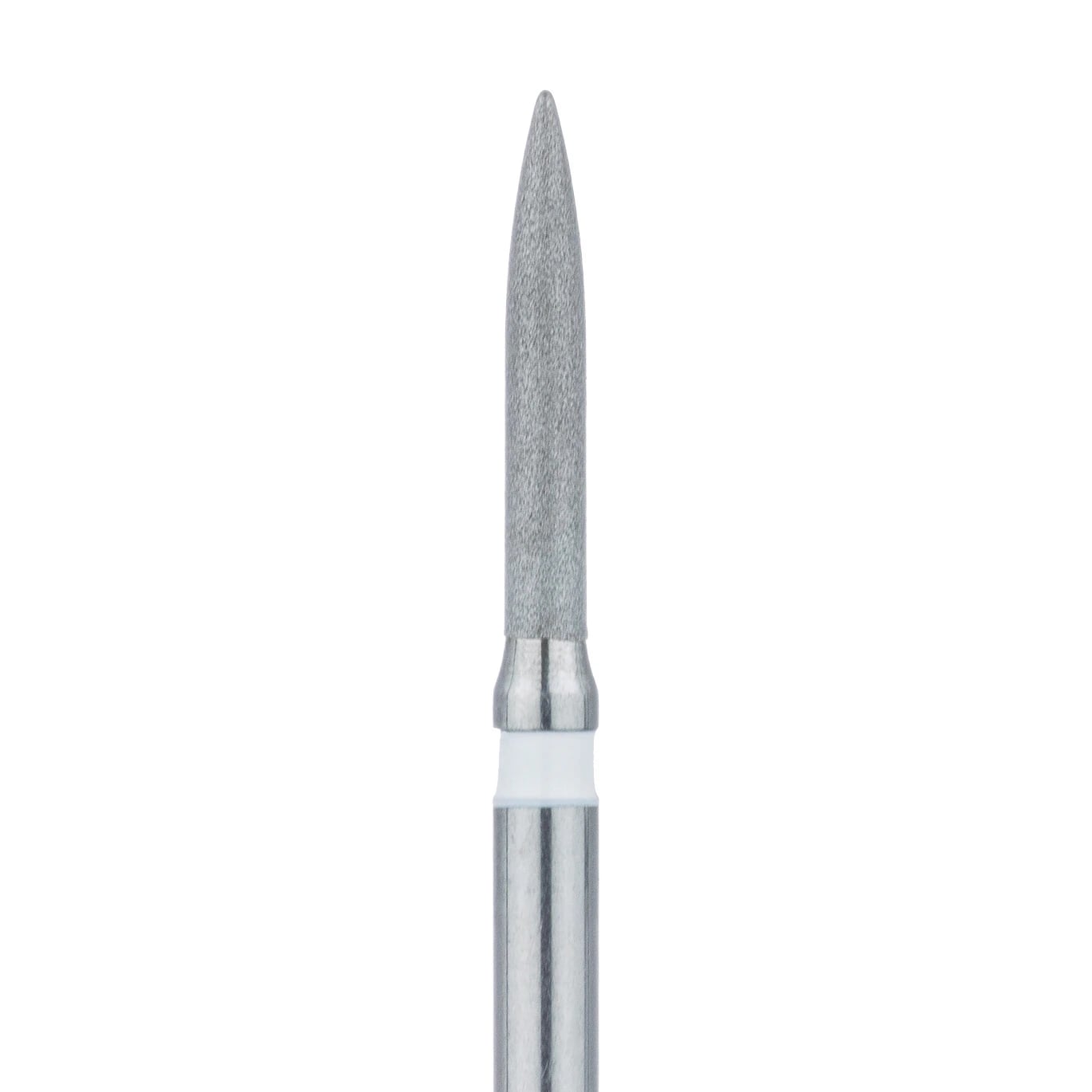 Meisinger 862U-012-FG Ultra Fine Diamond Bur, Flame Shape, Friction Grip, 1.2 mm Head Diameter, 8.0 mm Head Length, White Ring, 5/Pkg