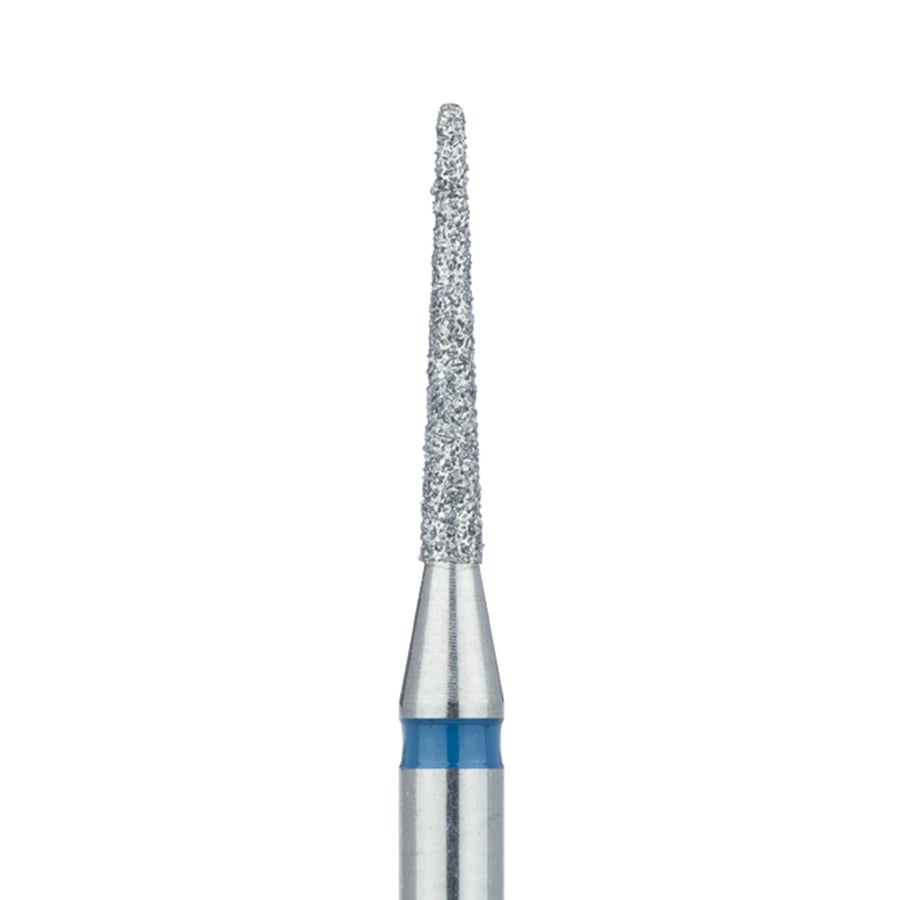 Meisinger 852-014-HP Medium Grit Diamond Bur, Round End Taper (Cone), 1.4 mm Diameter, 10 mm Working Length, HP Shank, Blue Ring, 5/Pack
