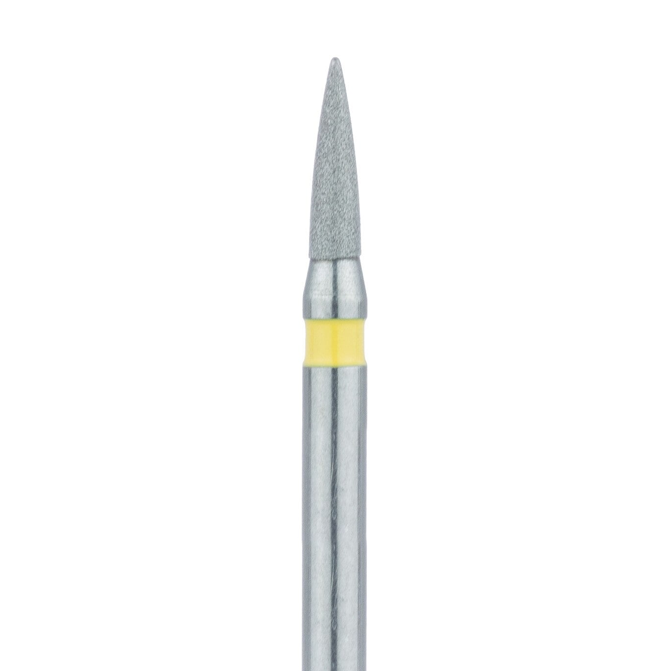 Meisinger 861C-012 Extra Fine Diamond Bur, Flame Shape, Friction Grip, 1.2 mm Head, 5 mm Working Length, Yellow Ring, 5/Pack