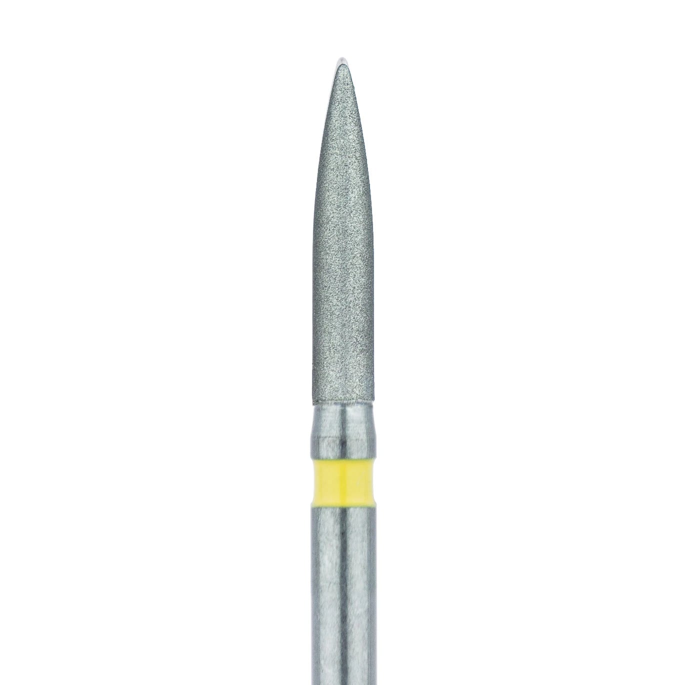 Meisinger 862C-014-FG Extra Fine Diamond Bur, Flame Shape, Friction Grip, 1.4 mm Head Diameter, 8.0 mm Working Length, Yellow Ring, 5/Pkg
