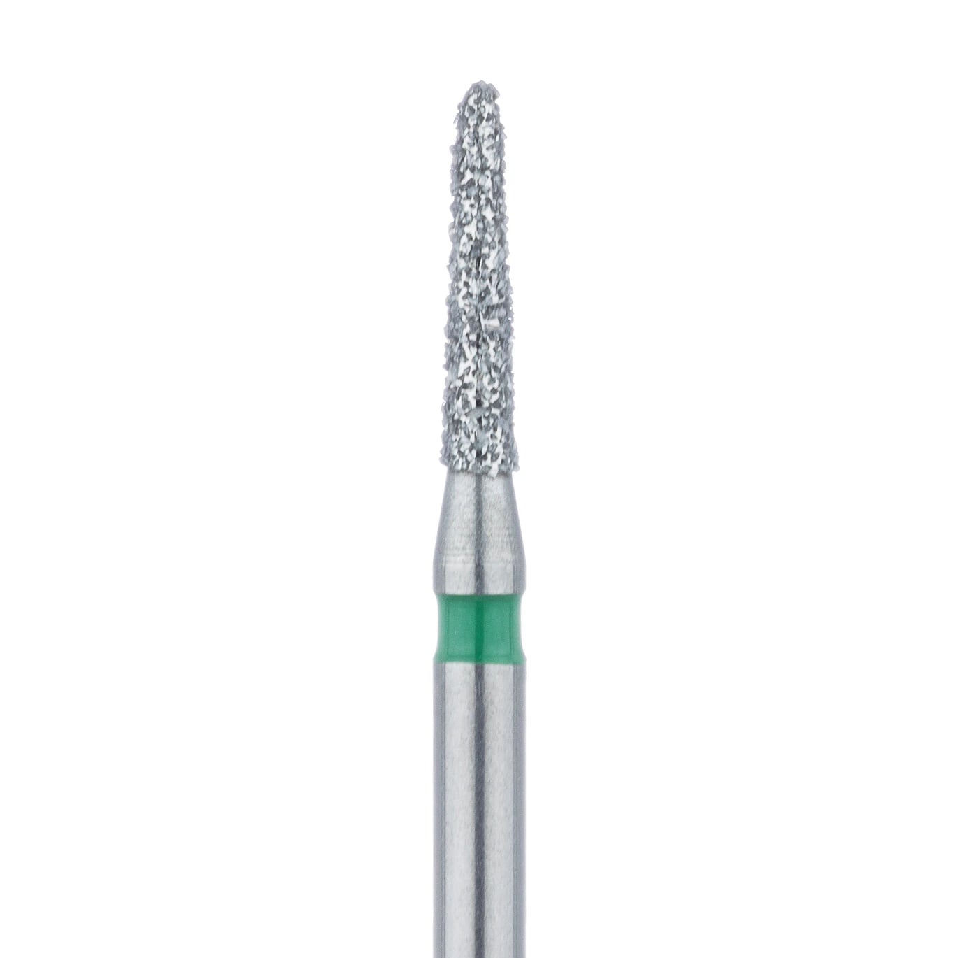 Meisinger 877G-014-FG Coarse Diamond Bur, Friction Grip, Tapered Torpedo/Cylinder, Bevel End, 1.4 mm Head Diameter, 6.5 mm Head Length, Green Ring, 5/Pkg