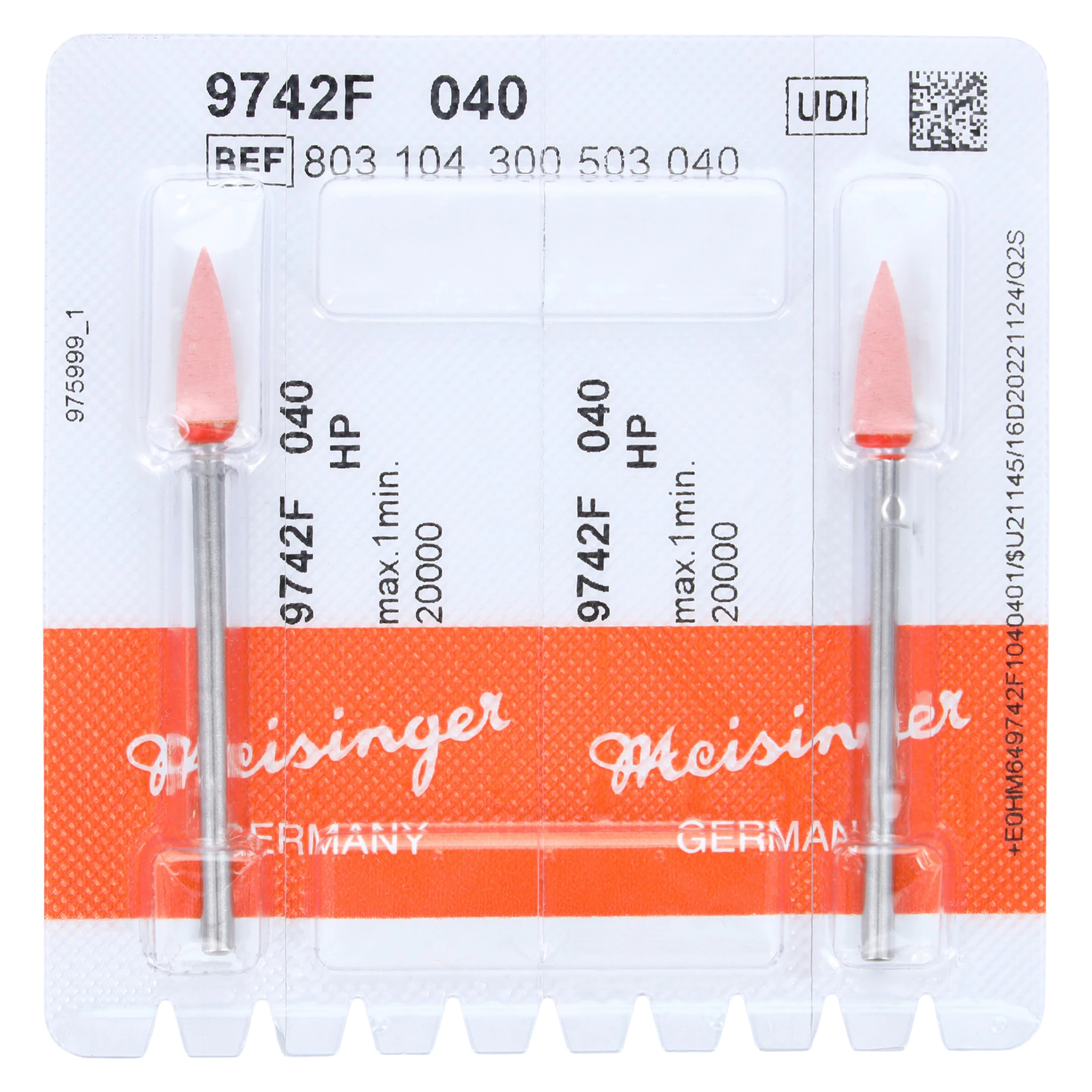 Meisinger Diamond Polisher, Flame/Point, Fine, Red/Orange, HP Shank, 4.0mm, 2/Pk, 9742F-040-HP-R/O