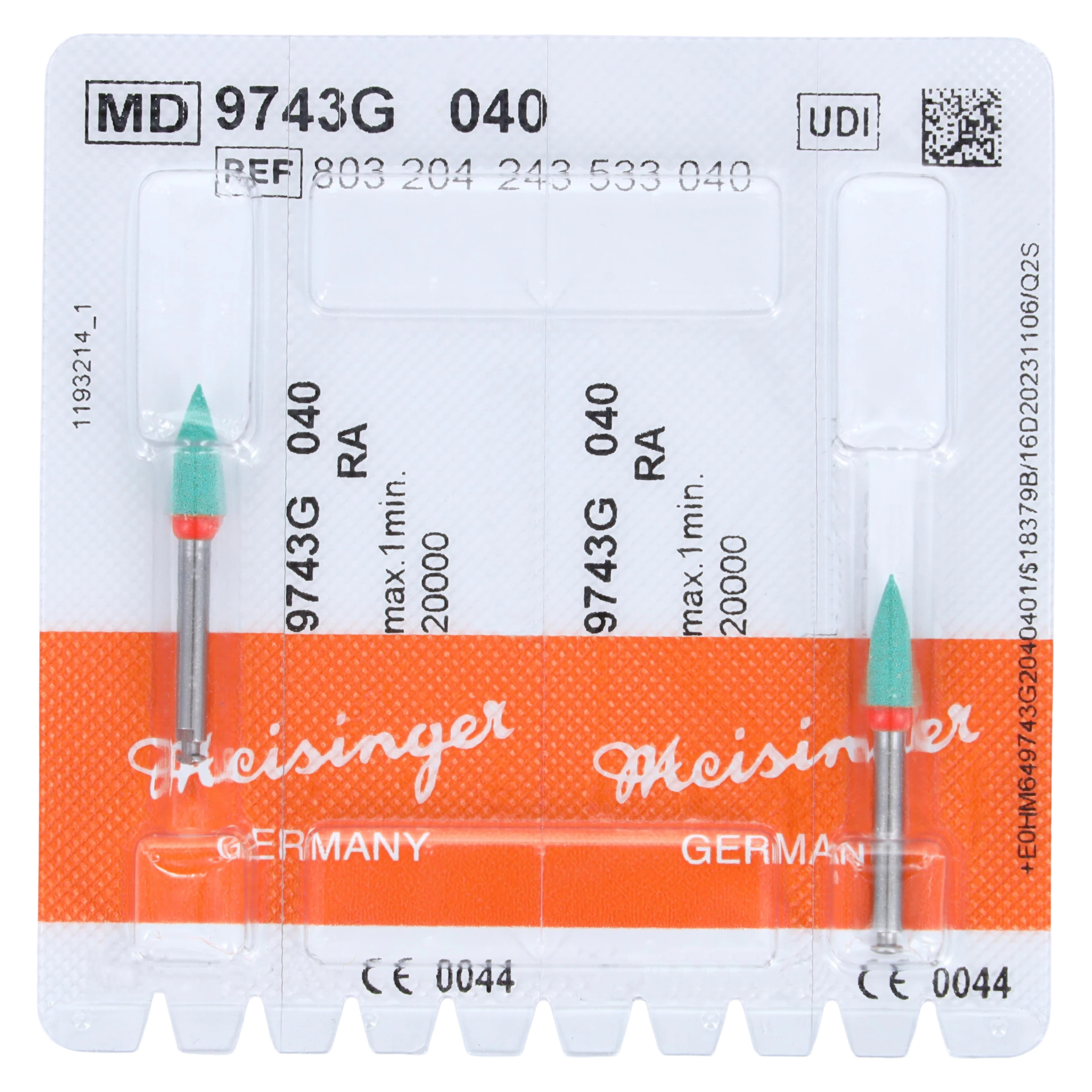 Meisinger Twist Ceramic Polisher, Flame, Green/Orange, Coarse, RA, 4.0 mm, 2/Pkg, 9743G-040-RA-GR/O