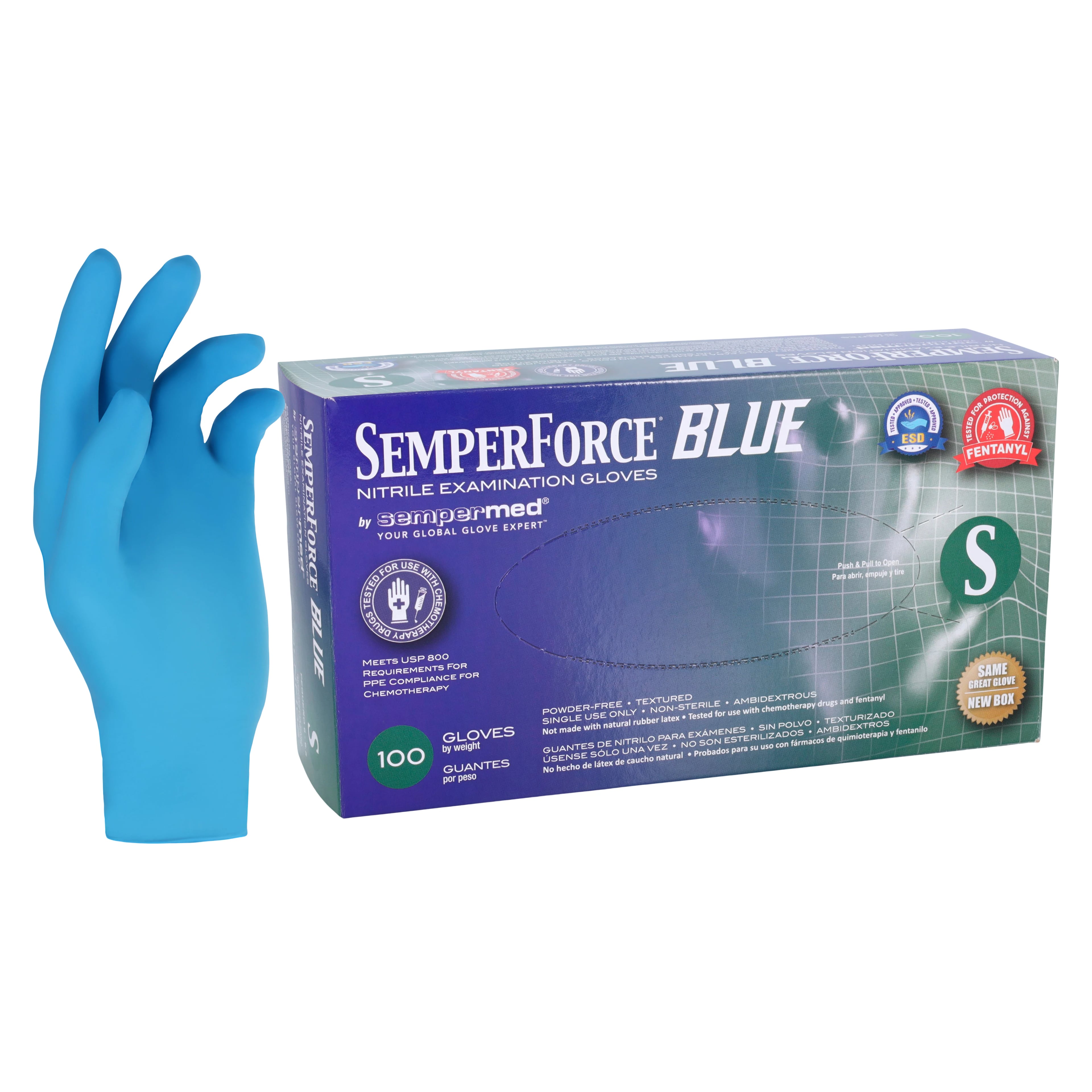 SemperForce Safe Nitrile Exam Gloves, Powder Free, Textured, Small, Blue, 100/Box