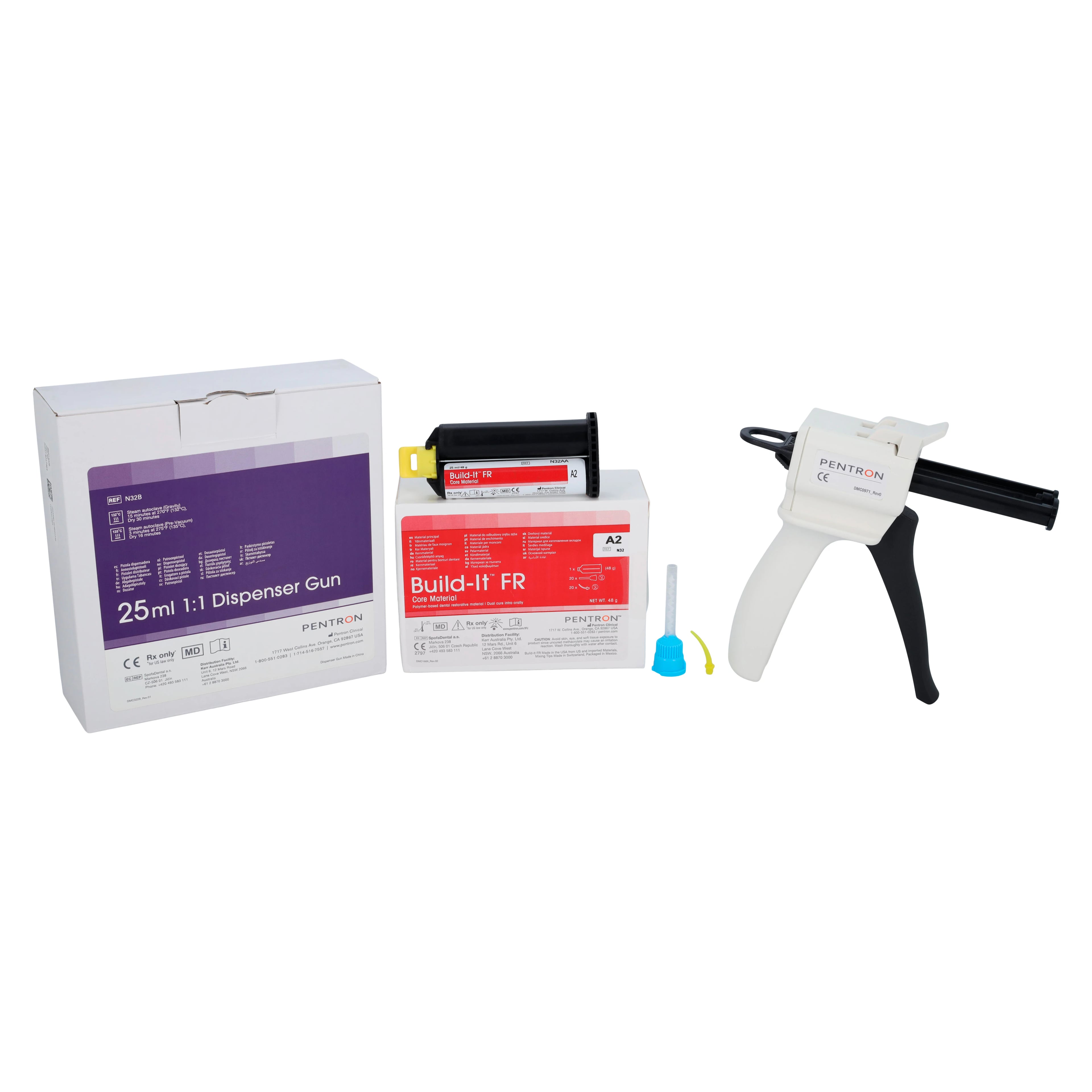 Build-It FR Fiber Reinforced Core Build-Up Material, A2 Cartridge Kit, 25ml Automix Cartridge with Dispensing Gun, N32