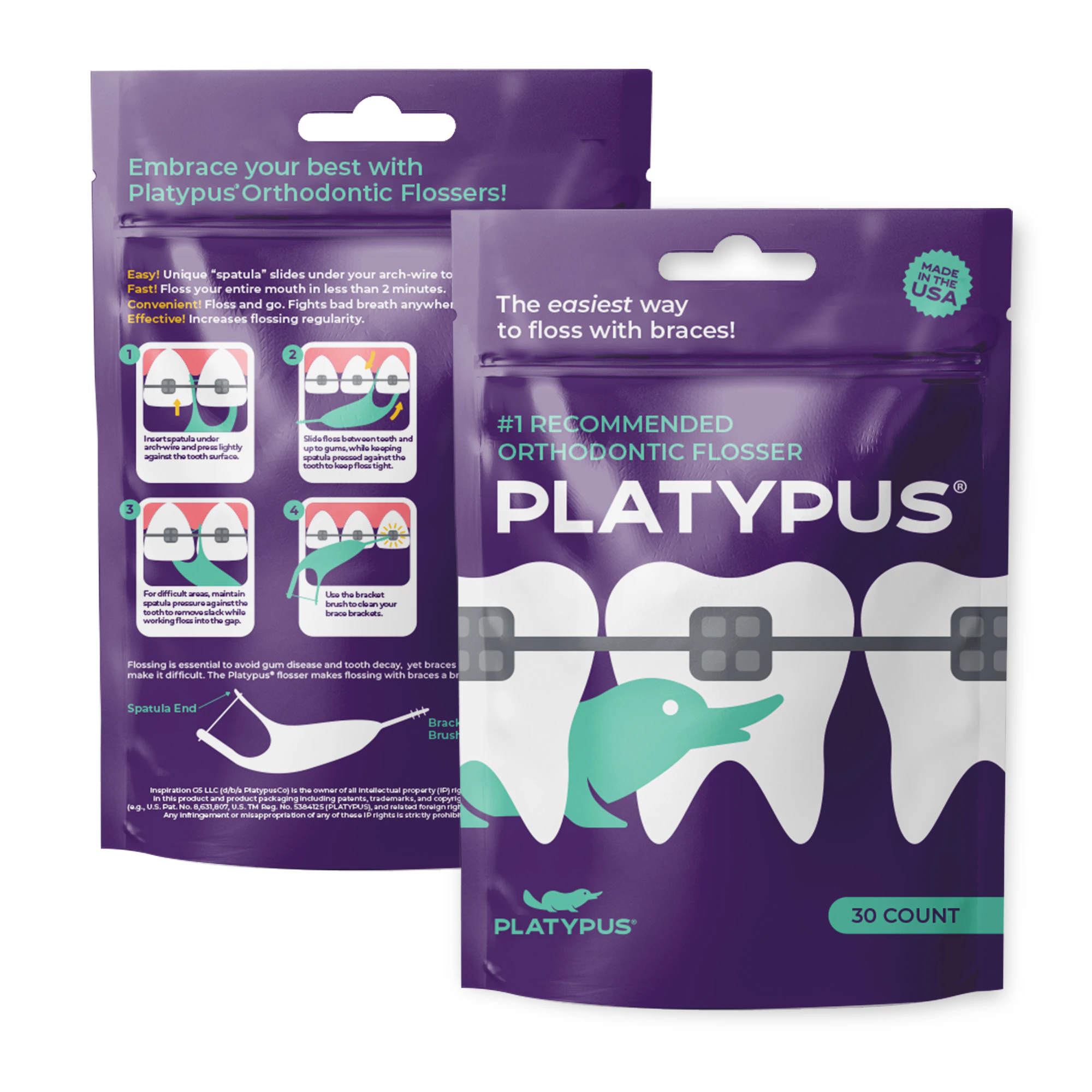 Platypus Orthodontic Flossers, No Threader Required, with Interdental Pick, 30/Bag, T130
