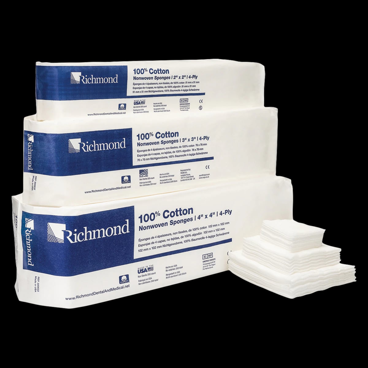 Richmond 100% Cotton Non-Woven Sponges, 4-Ply, 2" x 2", Non-Sterile, 5000/Case, 300631