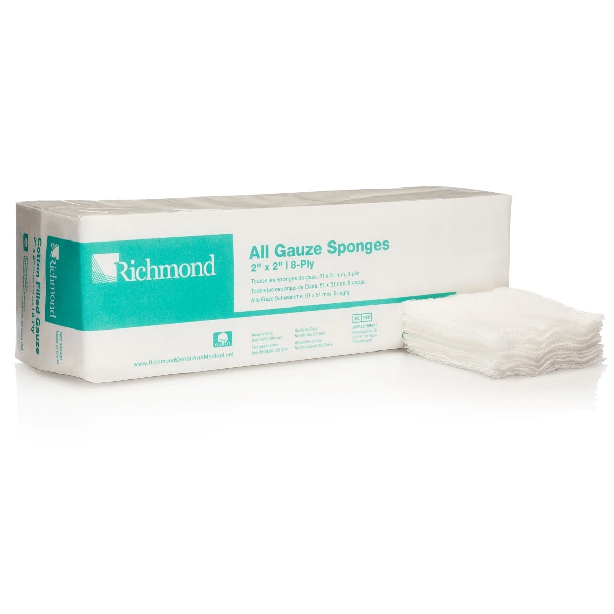 Richmond All Gauze Sponges, 2" x 2", 12-Ply, Non-Sterile, 200/Sleeve, 25 Sleeves/Case, 300420