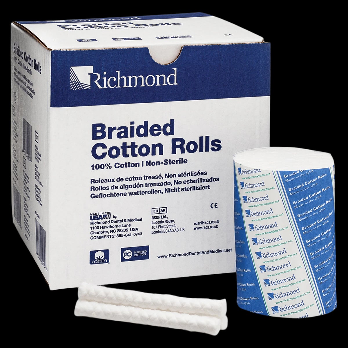 Richmond Braided Cotton Rolls, Medium, 3/8" x 4", Non-Sterile, 250/Box, 201226