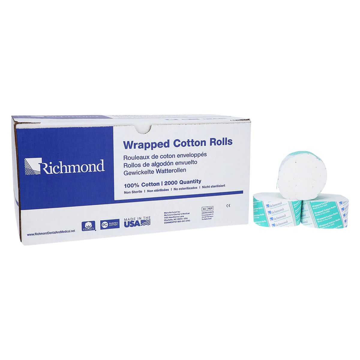 Richmond Wrapped Cotton Rolls, #2 Medium, 1-1/2" x 3/8", Non-Sterile, 2000/Box, 200404