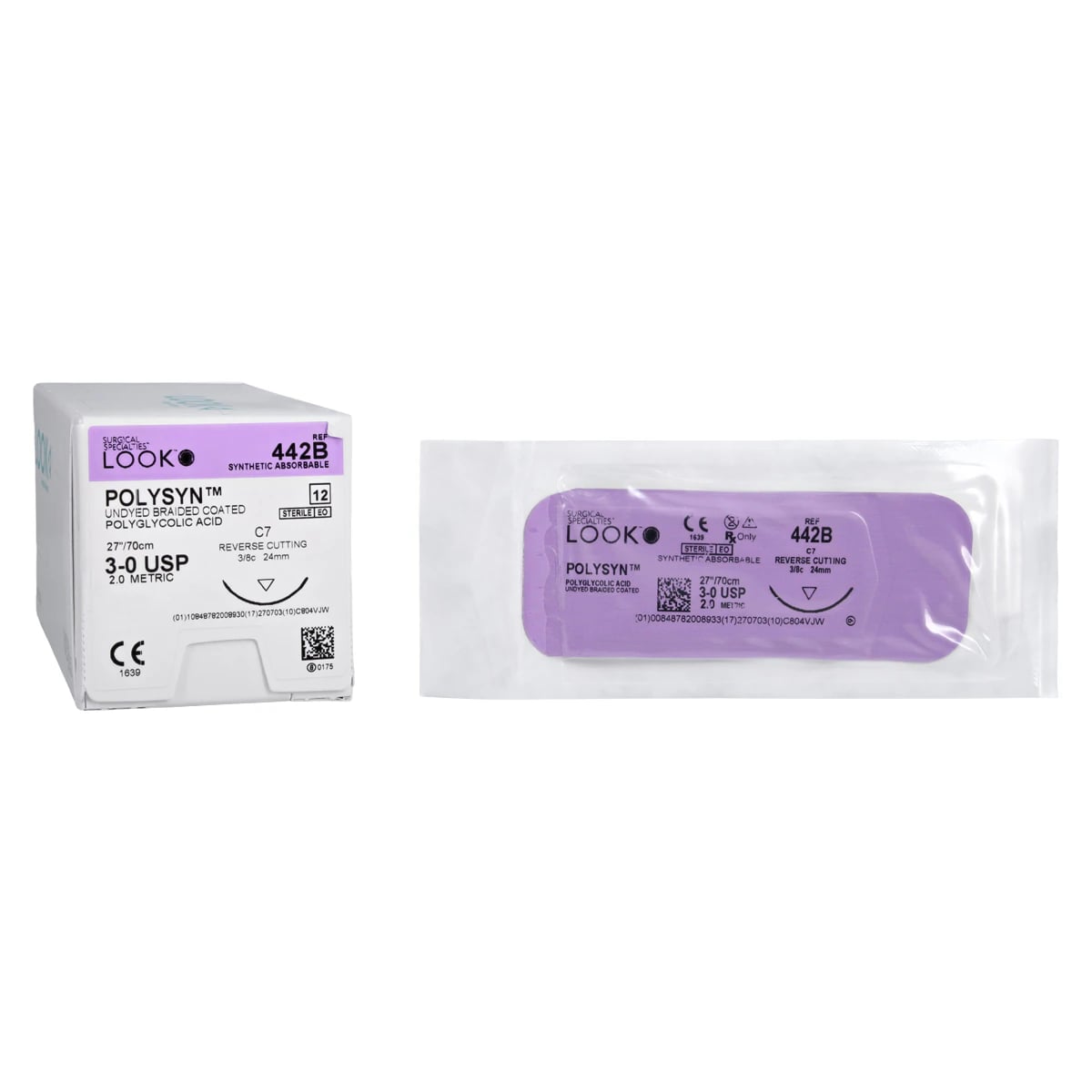 Look PolySyn Polyglycolic Acid (PGA) Absorbable Braided Suture, Undyed, Coated, 3-0, 27"/70cm, C7 Reverse Cutting Needle 24mm 3/8 Circle, 12/Box, 442B