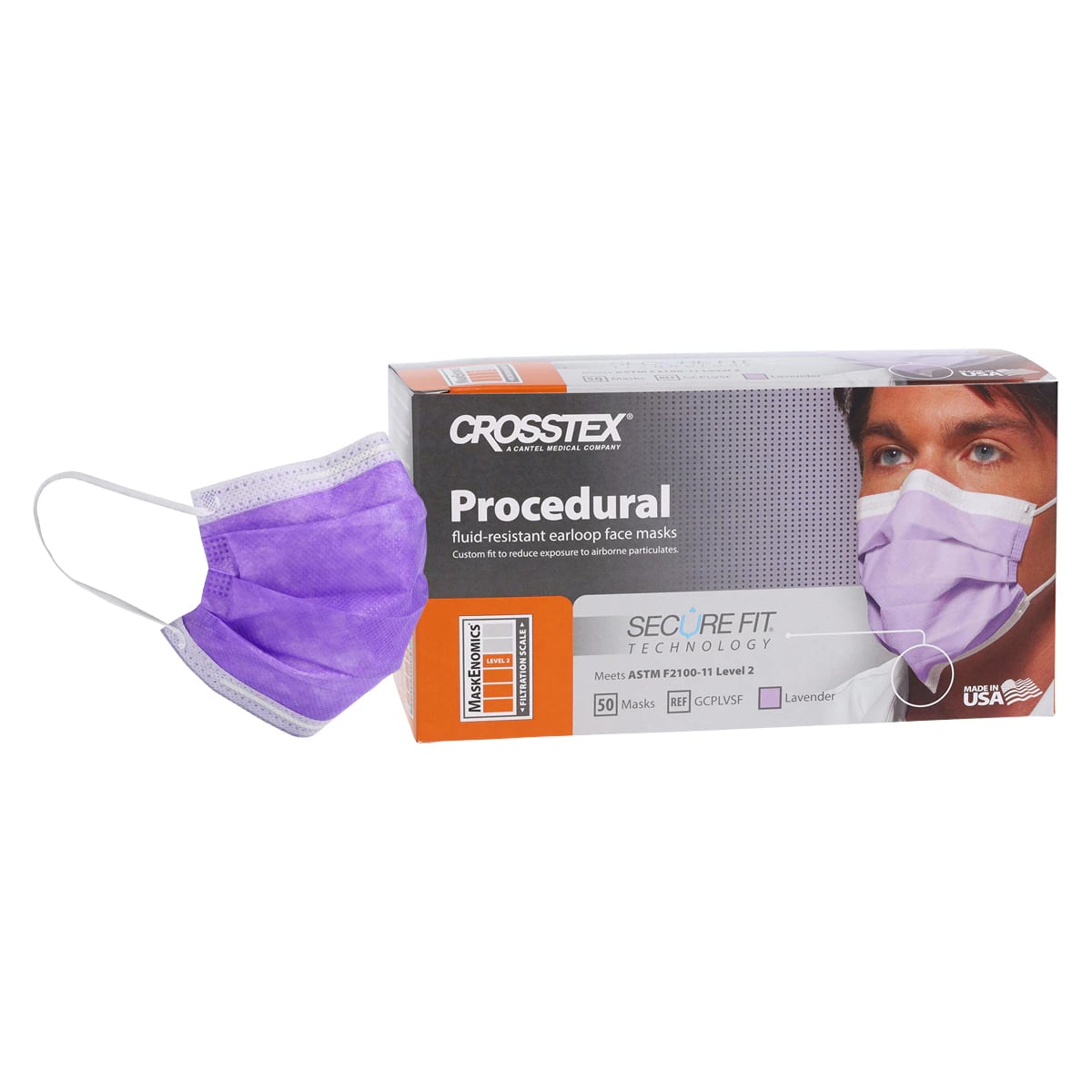 Secure Fit™ Procedure Face Mask, ASTM Level 2, Lavender, Ear Loop, One Size Fits Most, 50/Box, GCPLVSF
